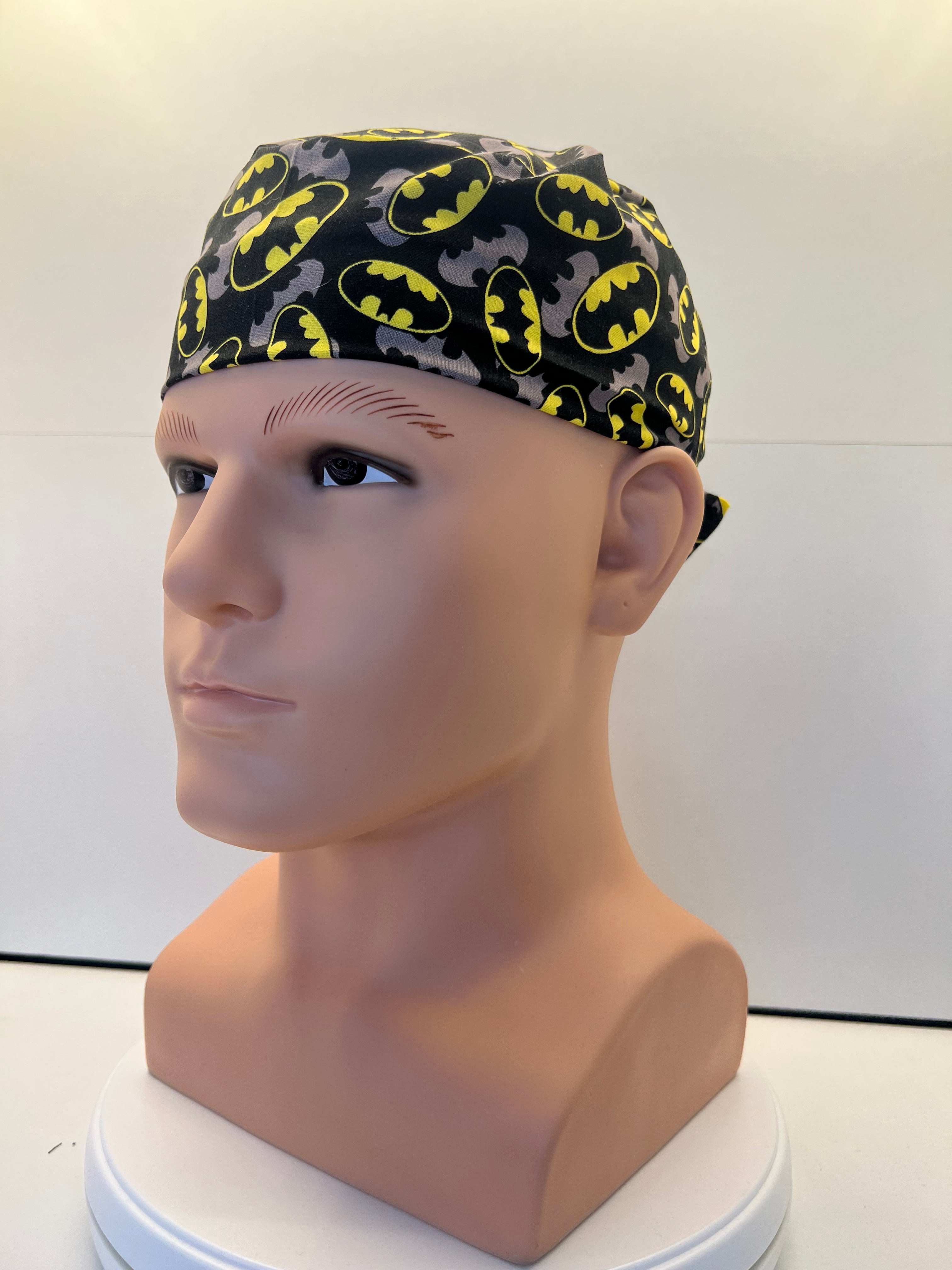 Batman Superhero Design 100% Cotton Tie-Back Surgical/Theatre Scrub Hat/Cap. UK Handmade