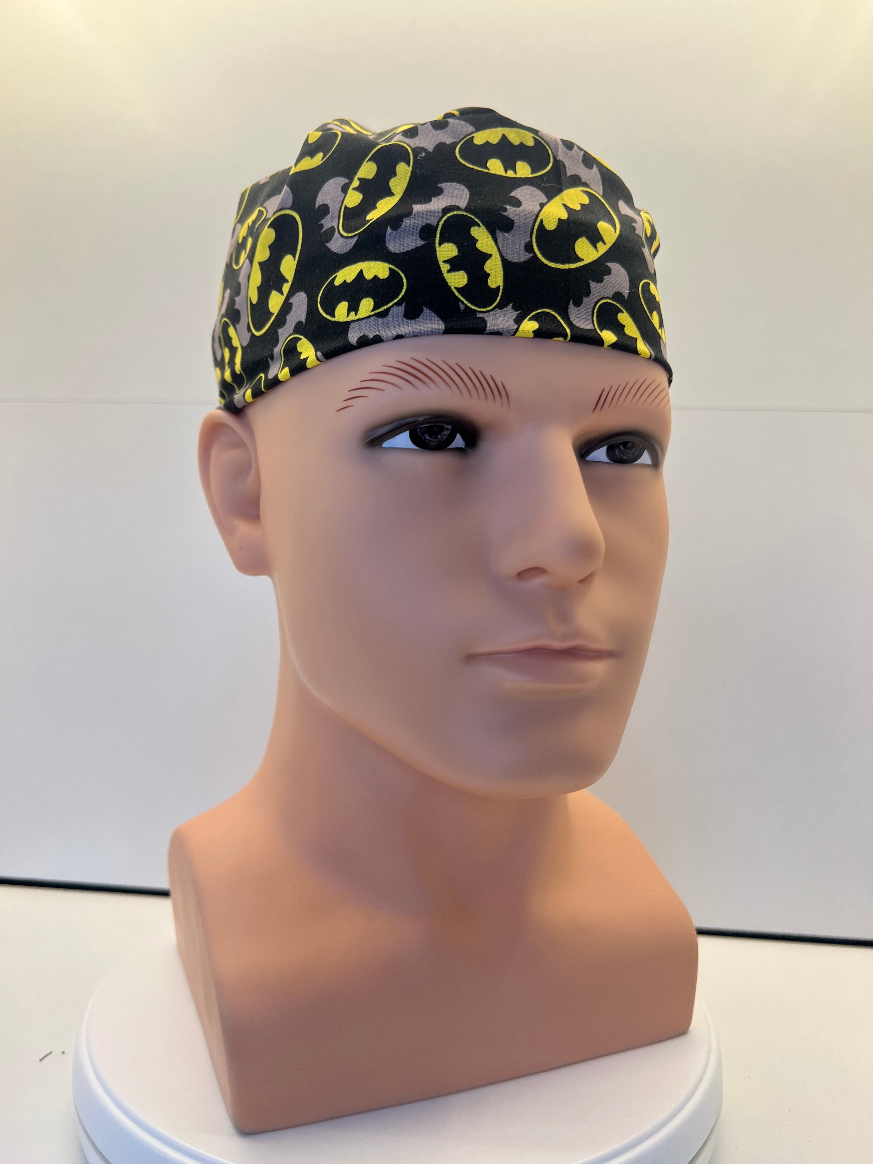 Batman Superhero Design 100% Cotton Tie-Back Surgical/Theatre Scrub Hat/Cap. UK Handmade