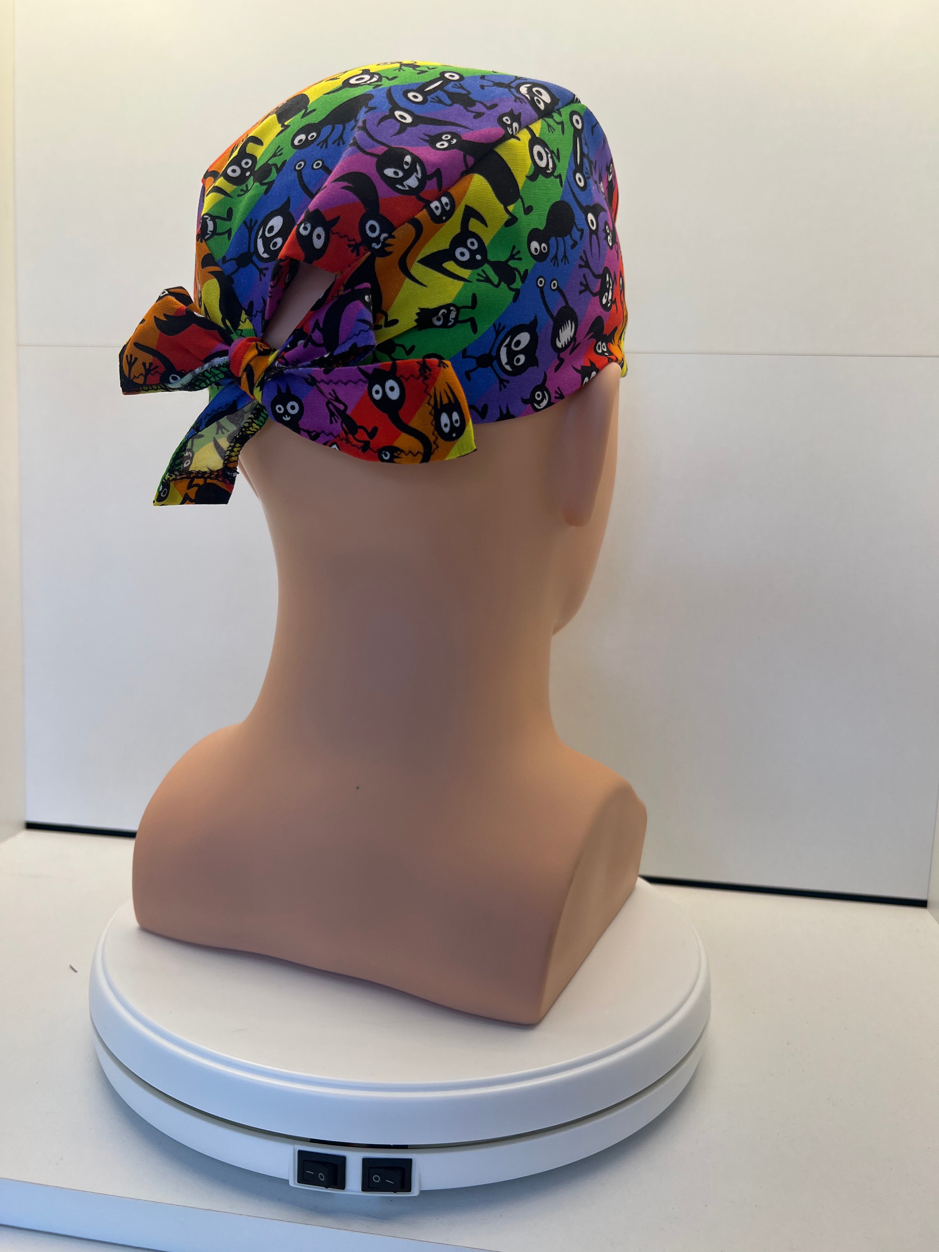 Rainbow Alien Boogie Cotton Fabric tie-back theatre scrub cap / hat