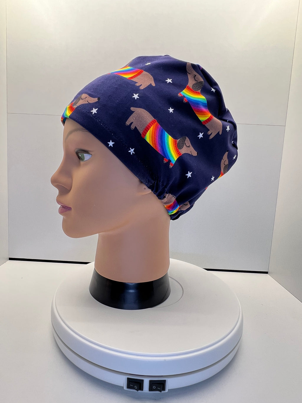 Rainbow Sausage Dog Print Jersey Theatre Hat.  Standard & Large Size.