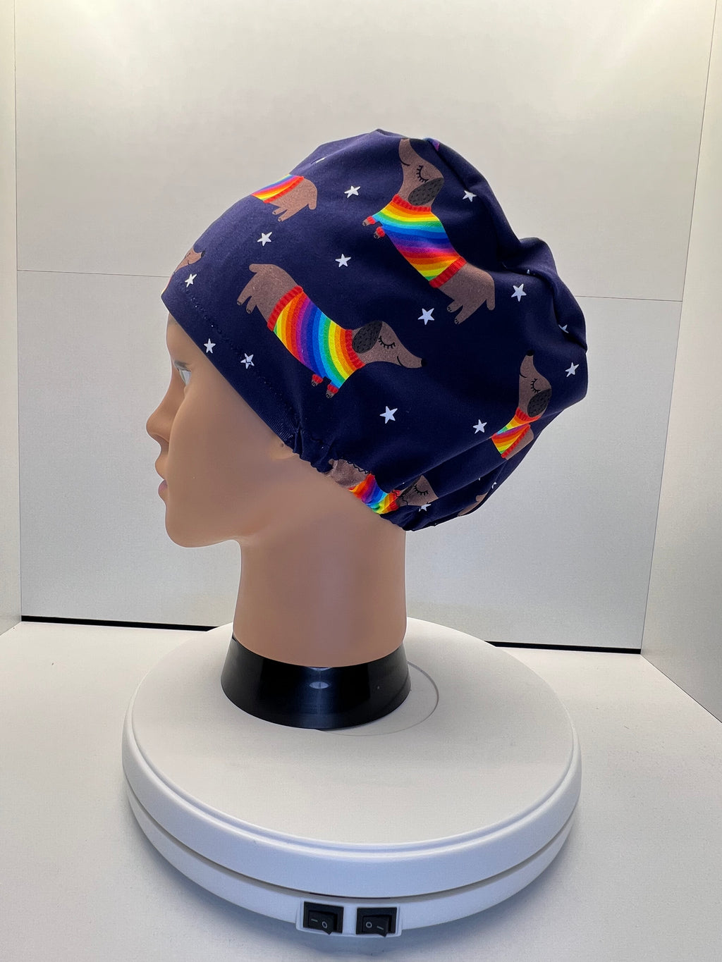 Rainbow Sausage Dog Print Jersey Theatre Hat.  Standard & Large Size.