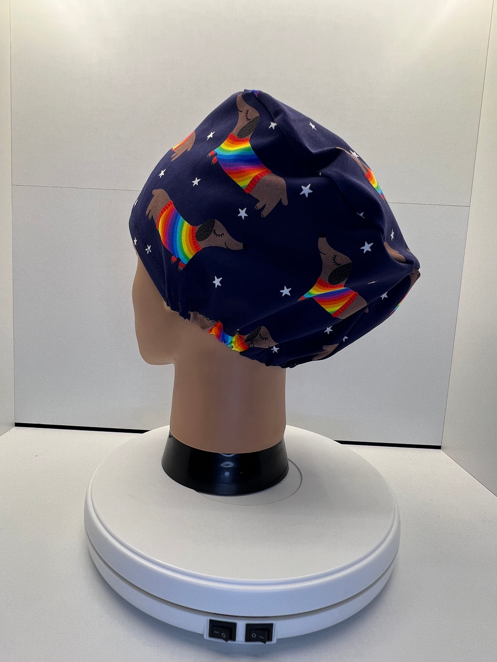 Rainbow Sausage Dog Print Jersey Theatre Hat.  Standard & Large Size.