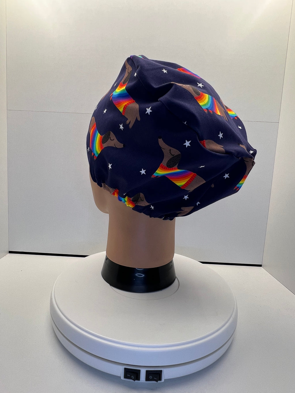 Rainbow Sausage Dog Print Jersey Theatre Hat.  Standard & Large Size.