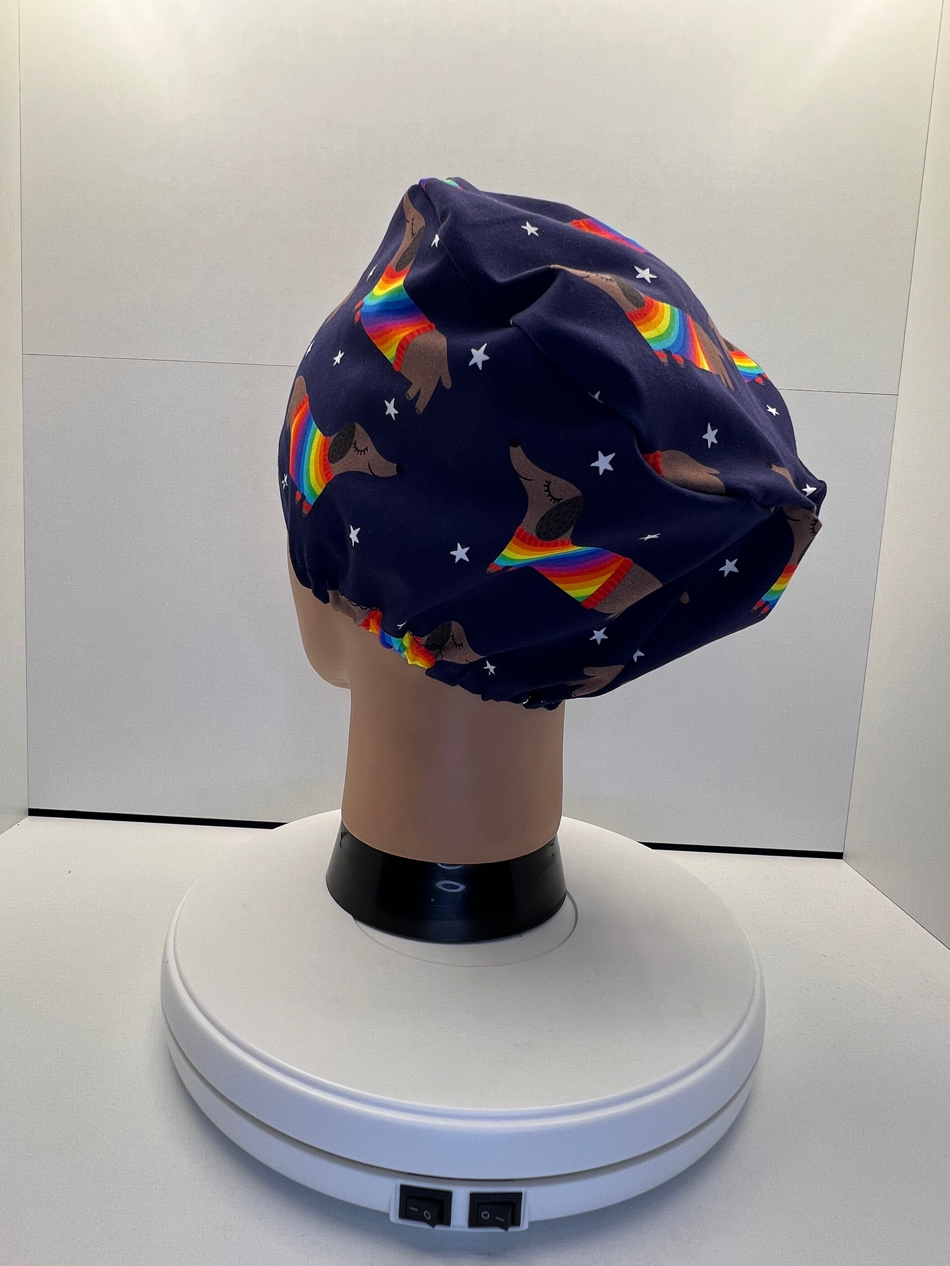 Rainbow Sausage Dog Print Jersey Theatre Hat.  Standard & Large Size.