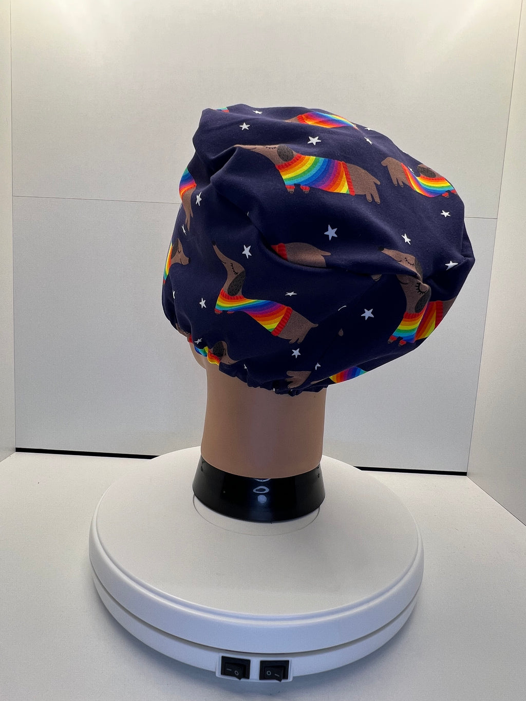 Rainbow Sausage Dog Print Jersey Theatre Hat.  Standard & Large Size.