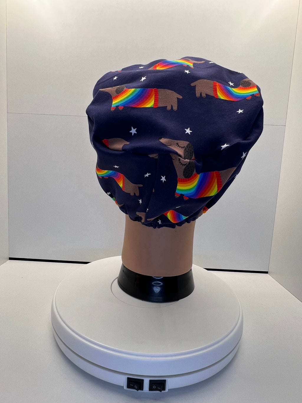 Rainbow Sausage Dog Print Jersey Theatre Hat.  Standard & Large Size.
