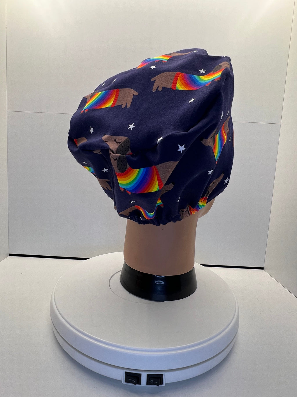 Rainbow Sausage Dog Print Jersey Theatre Hat.  Standard & Large Size.
