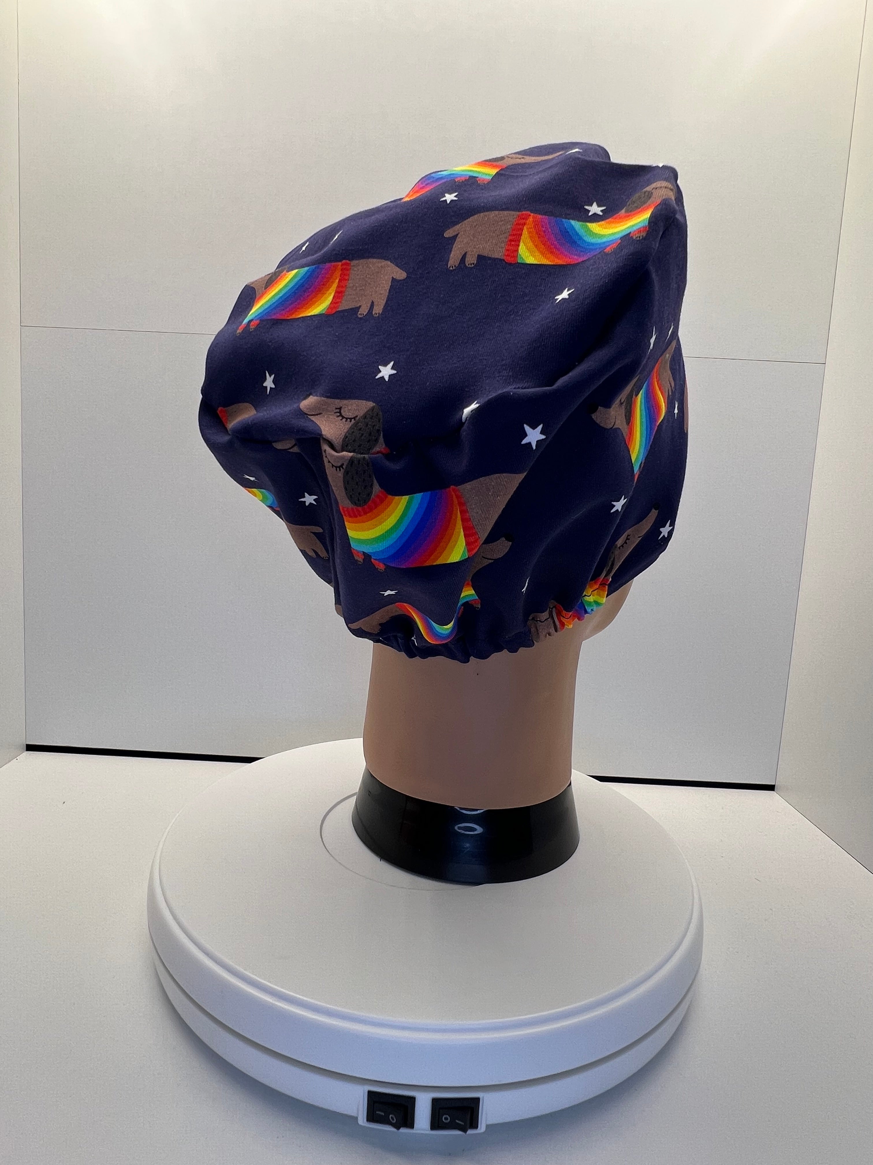 Rainbow Sausage Dog Print Jersey Theatre Hat.  Standard & Large Size.