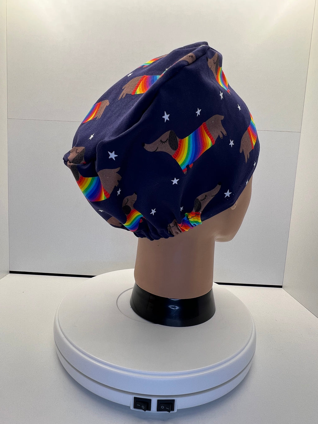 Rainbow Sausage Dog Print Jersey Theatre Hat.  Standard & Large Size.