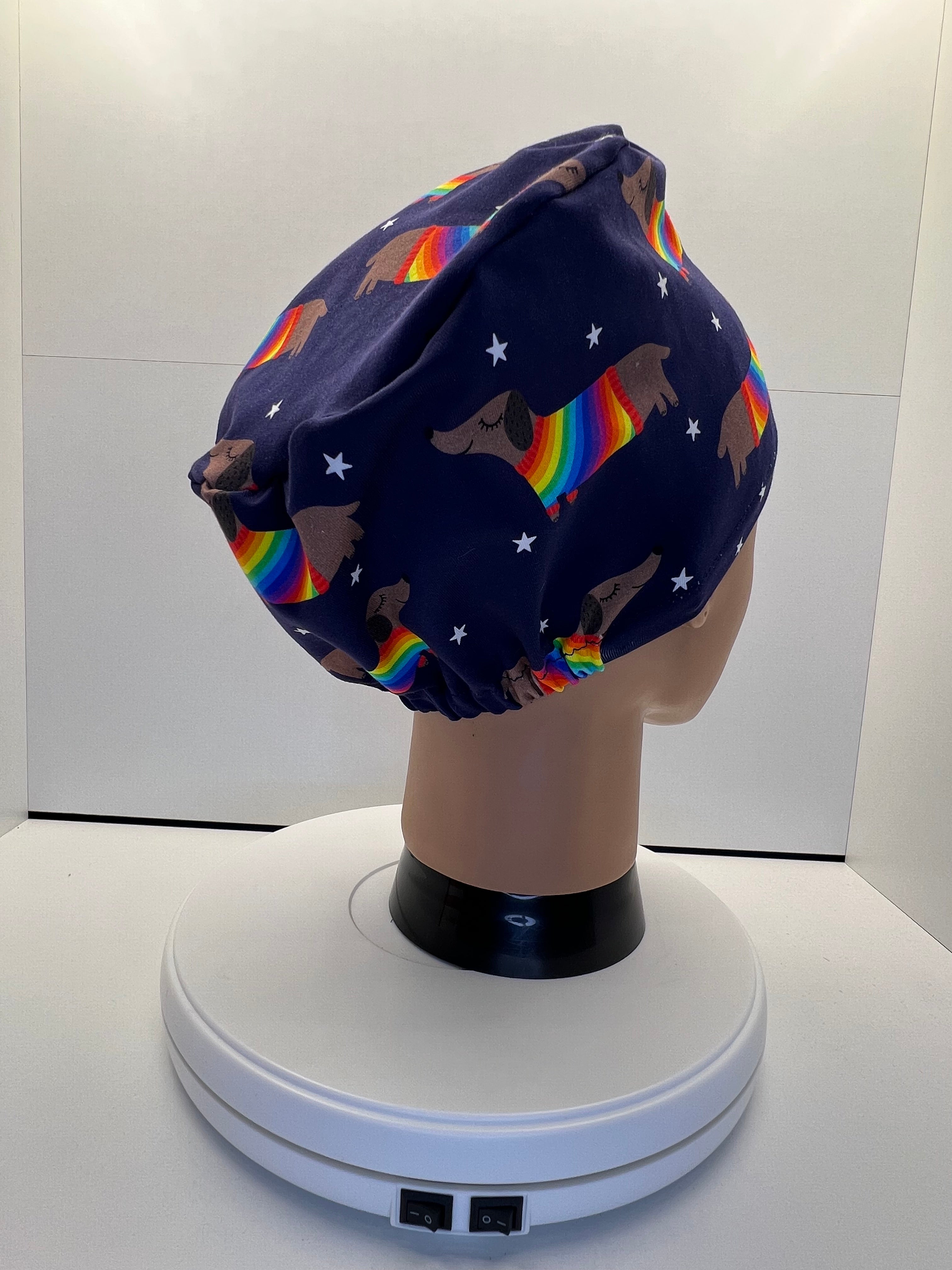 Rainbow Sausage Dog Print Jersey Theatre Hat.  Standard & Large Size.