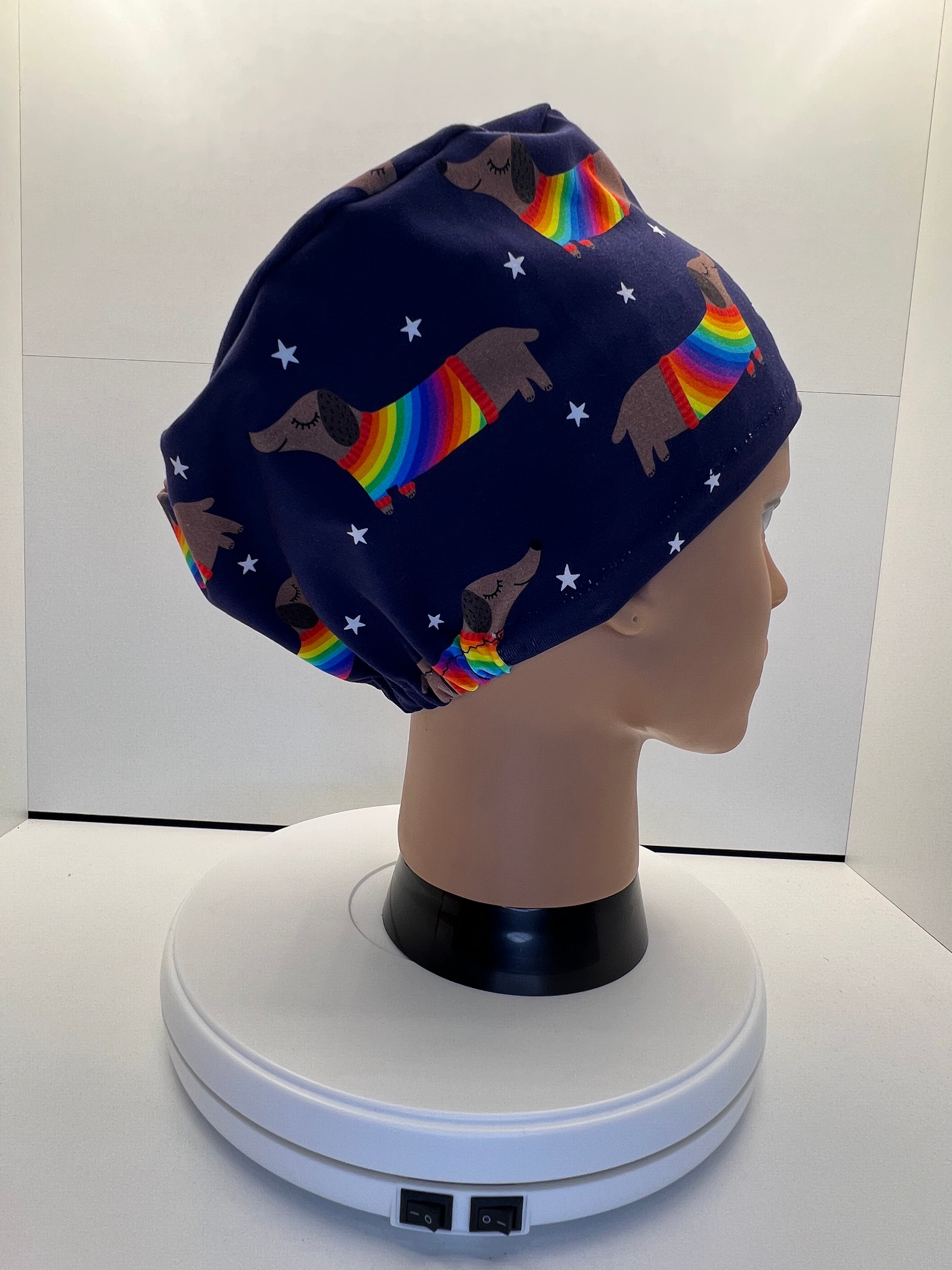 Rainbow Sausage Dog Print Jersey Theatre Hat.  Standard & Large Size.