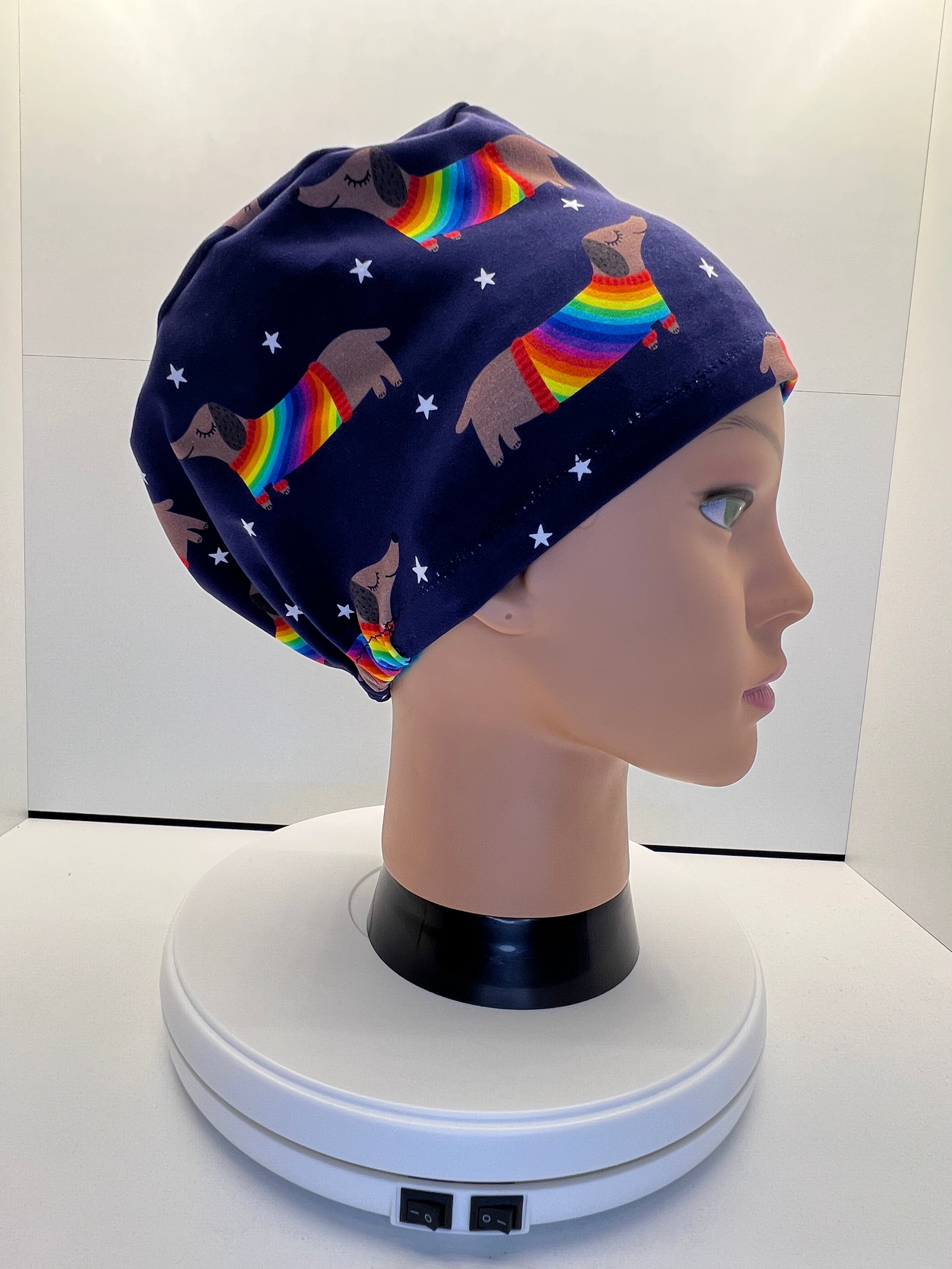 Rainbow Sausage Dog Print Jersey Theatre Hat.  Standard & Large Size.