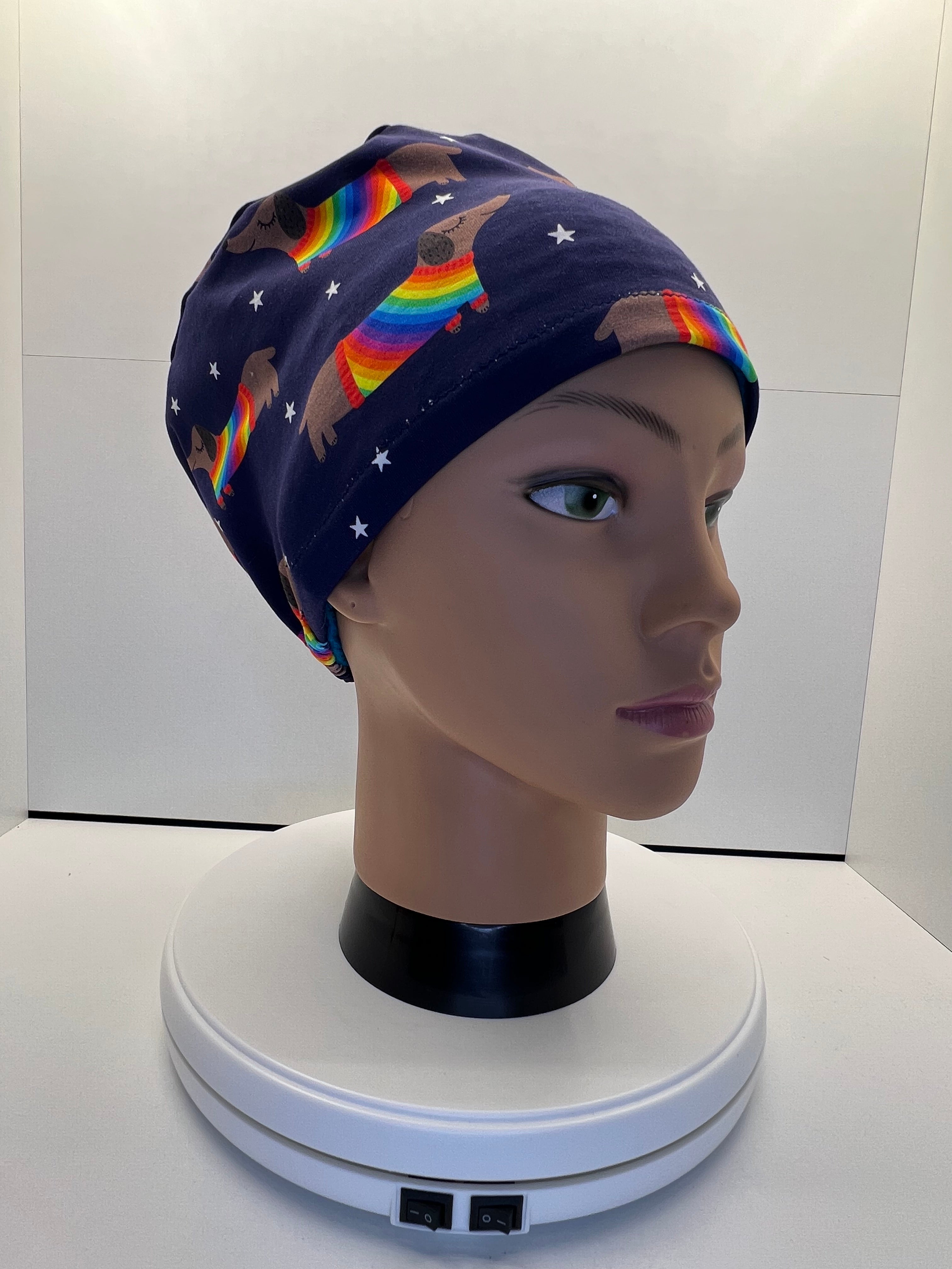 Rainbow Sausage Dog Print Jersey Theatre Hat.  Standard & Large Size.