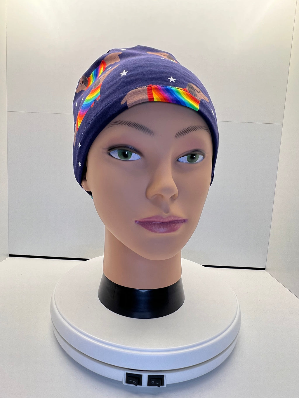 Rainbow Sausage Dog Print Jersey Theatre Hat.  Standard & Large Size.