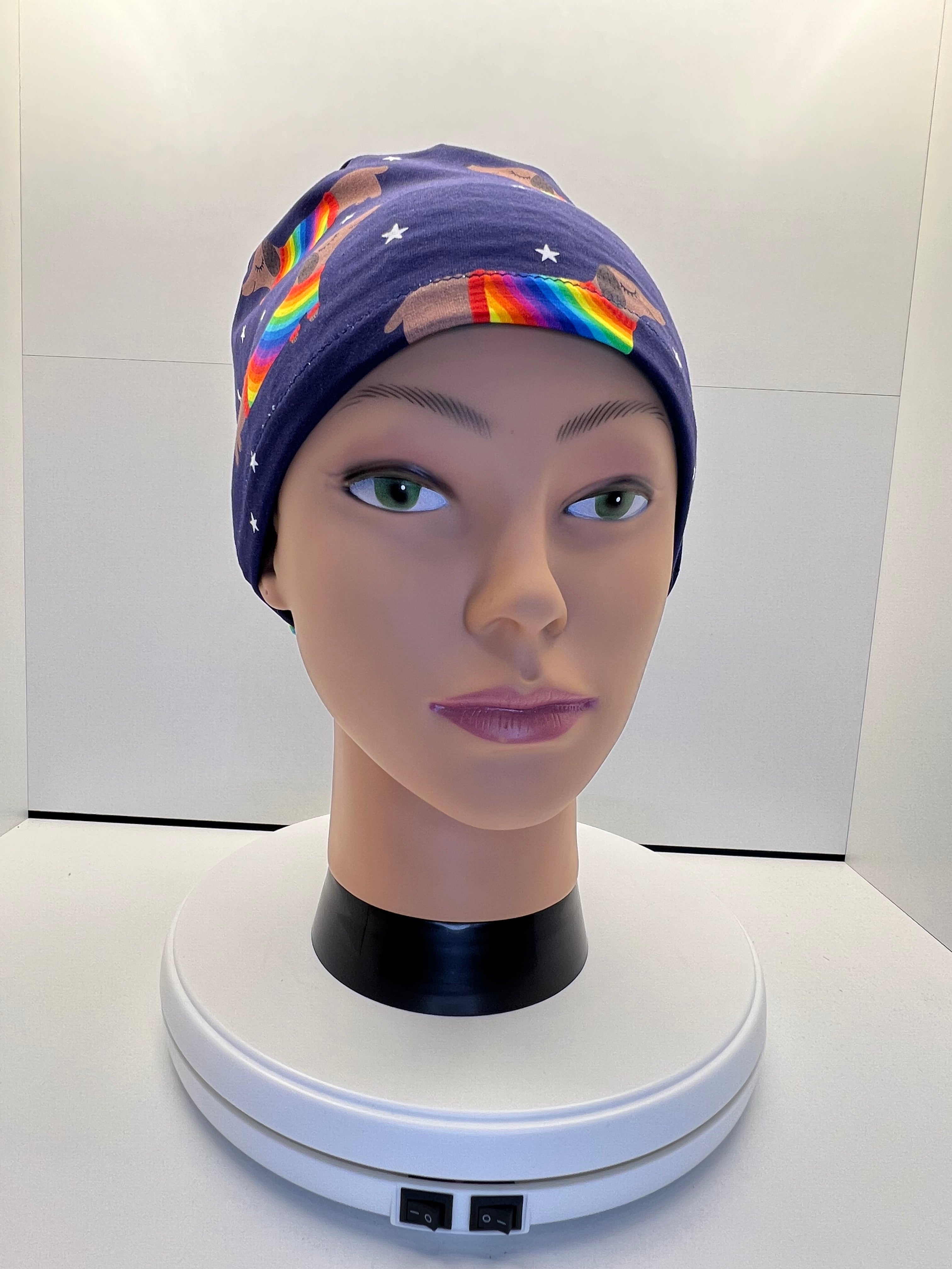 Rainbow Sausage Dog Print Jersey Theatre Hat.  Standard & Large Size.