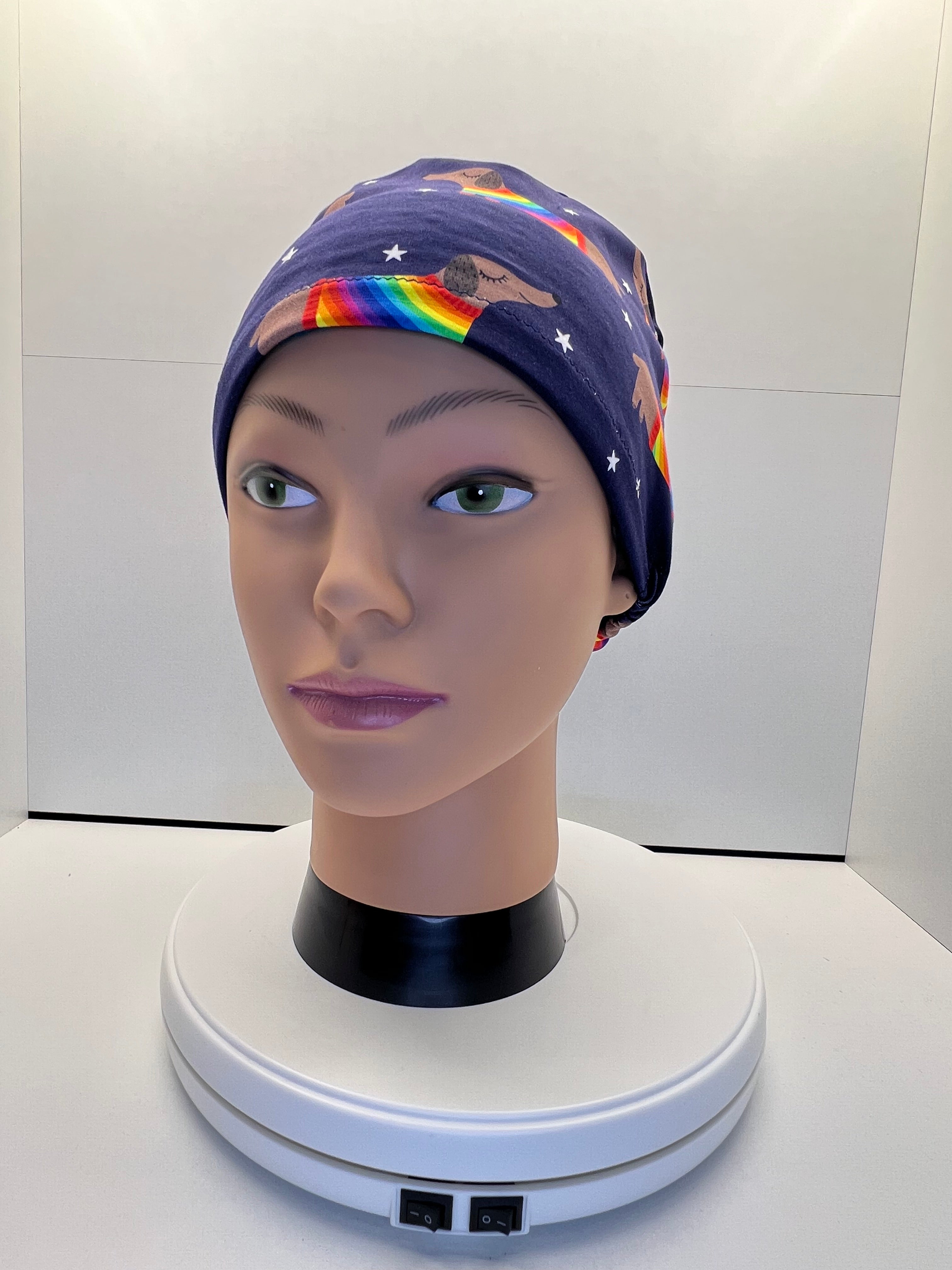 Rainbow Sausage Dog Print Jersey Theatre Hat.  Standard & Large Size.