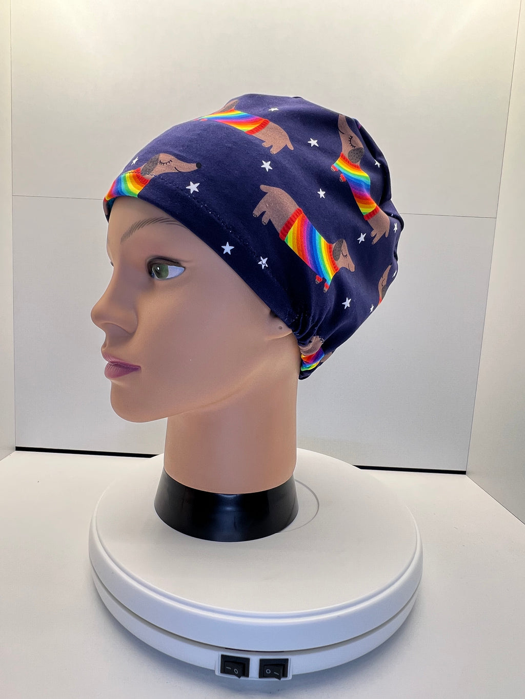 Rainbow Sausage Dog Print Jersey Theatre Hat.  Standard & Large Size.