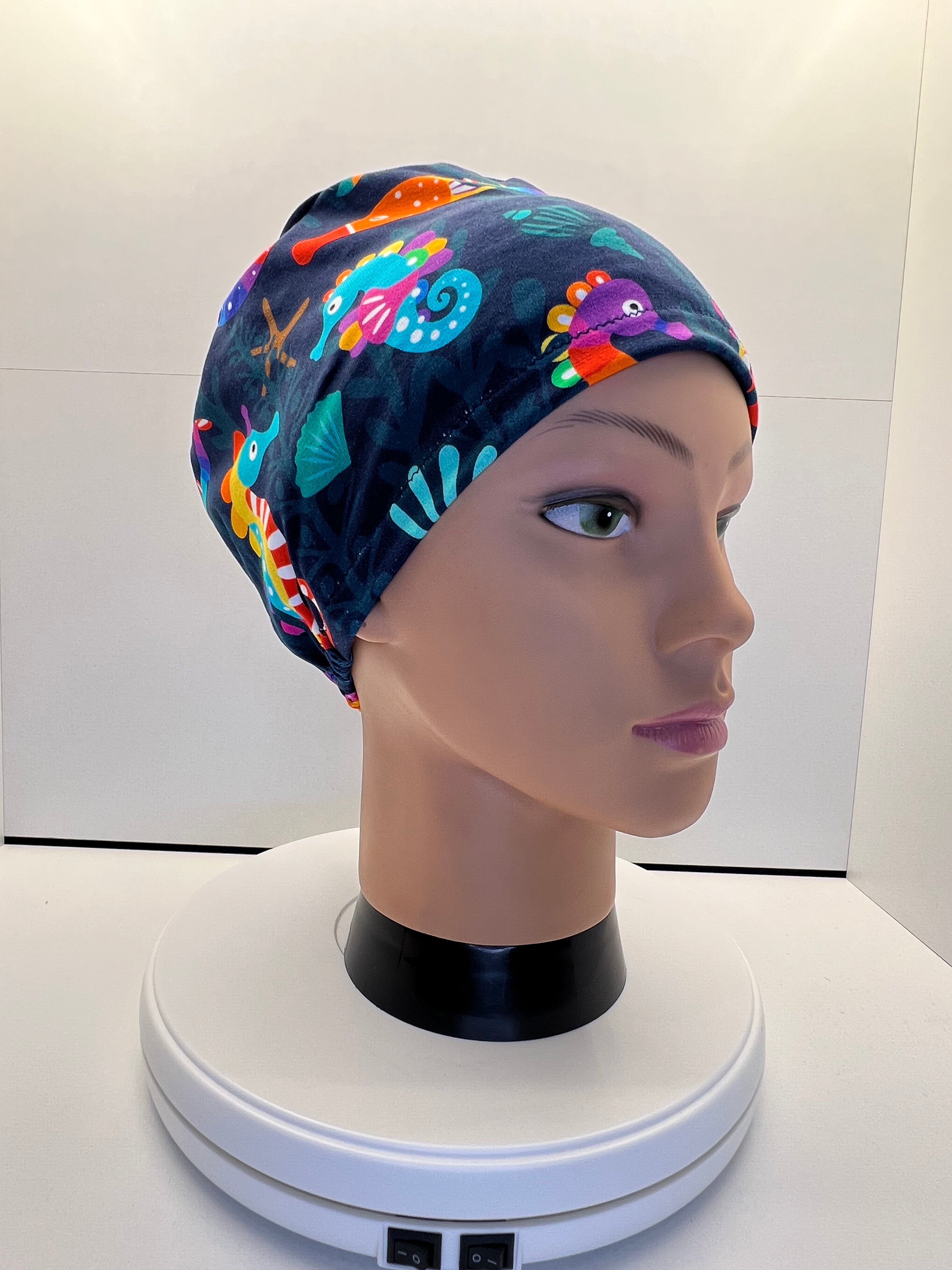 Seahorse Shores Stretch Jersey Theatre Hat.  Standard & Large Size