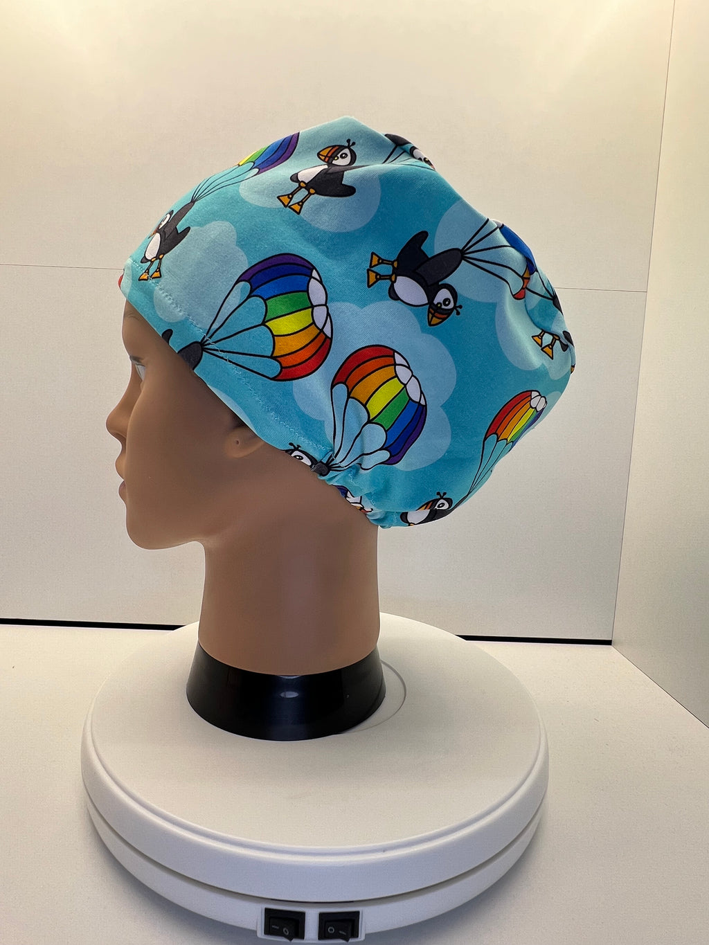 Parachuting Puffins Stretch Jersey Theatre Hat.  Standard & Large Size