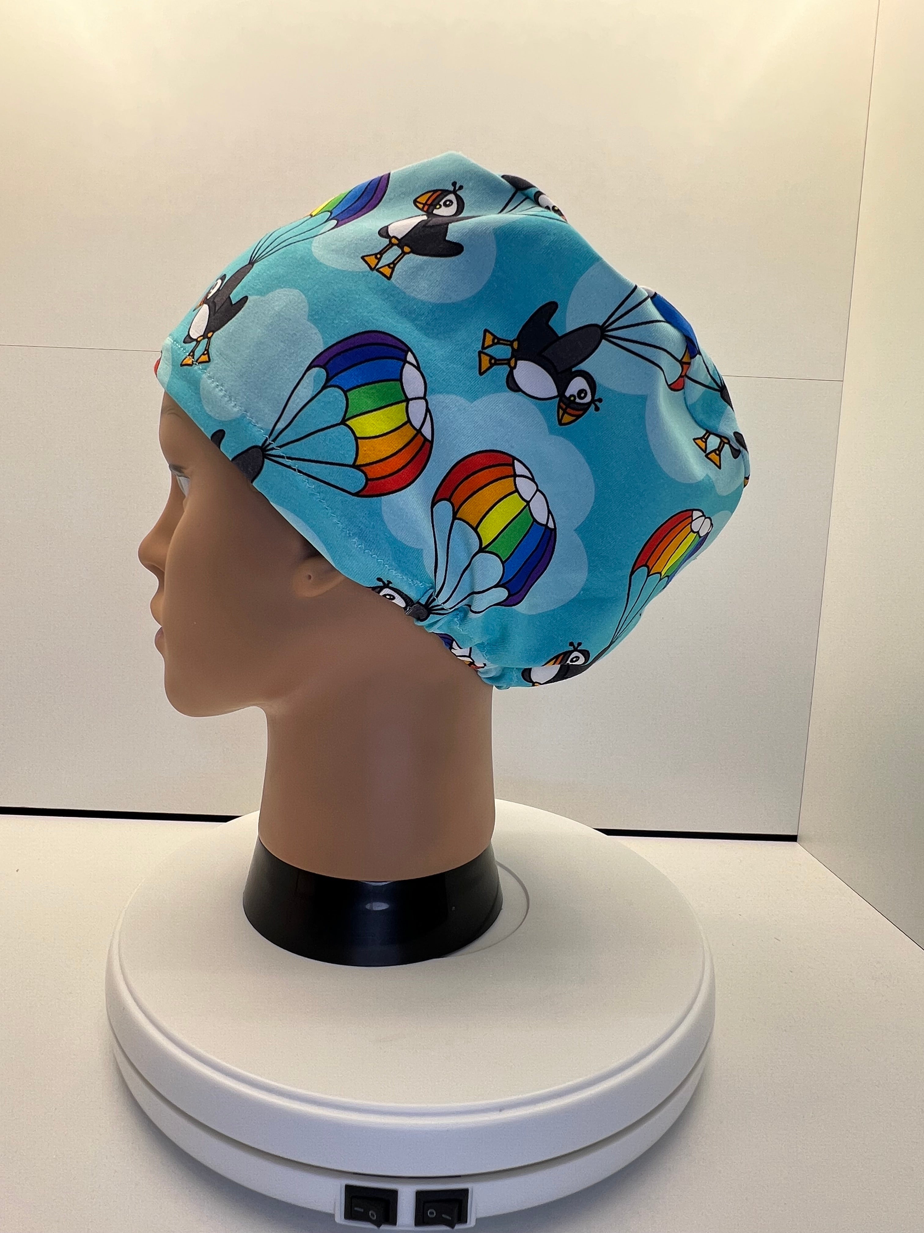 Parachuting Puffins Stretch Jersey Theatre Hat.  Standard & Large Size