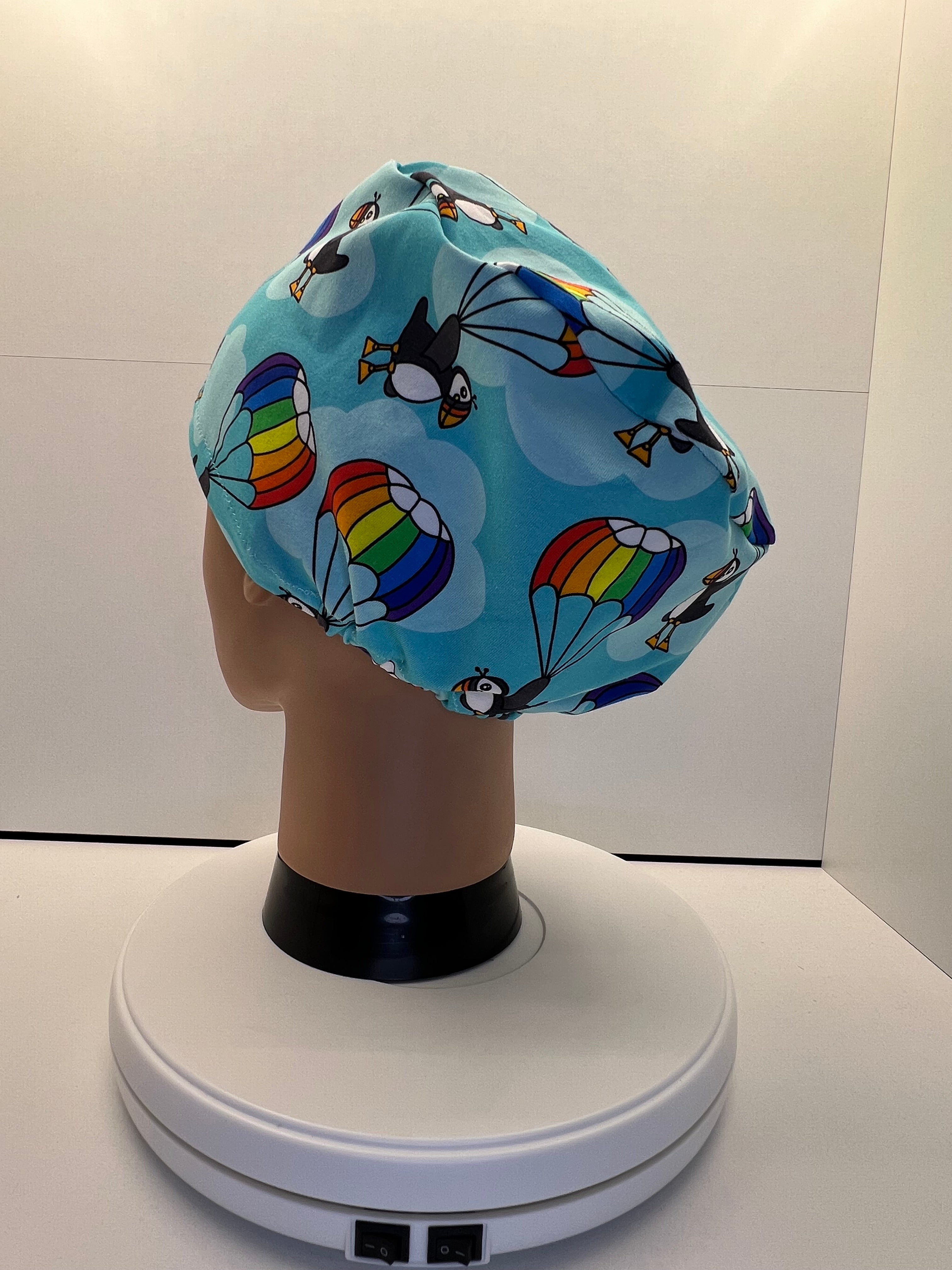 Parachuting Puffins Stretch Jersey Theatre Hat.  Standard & Large Size