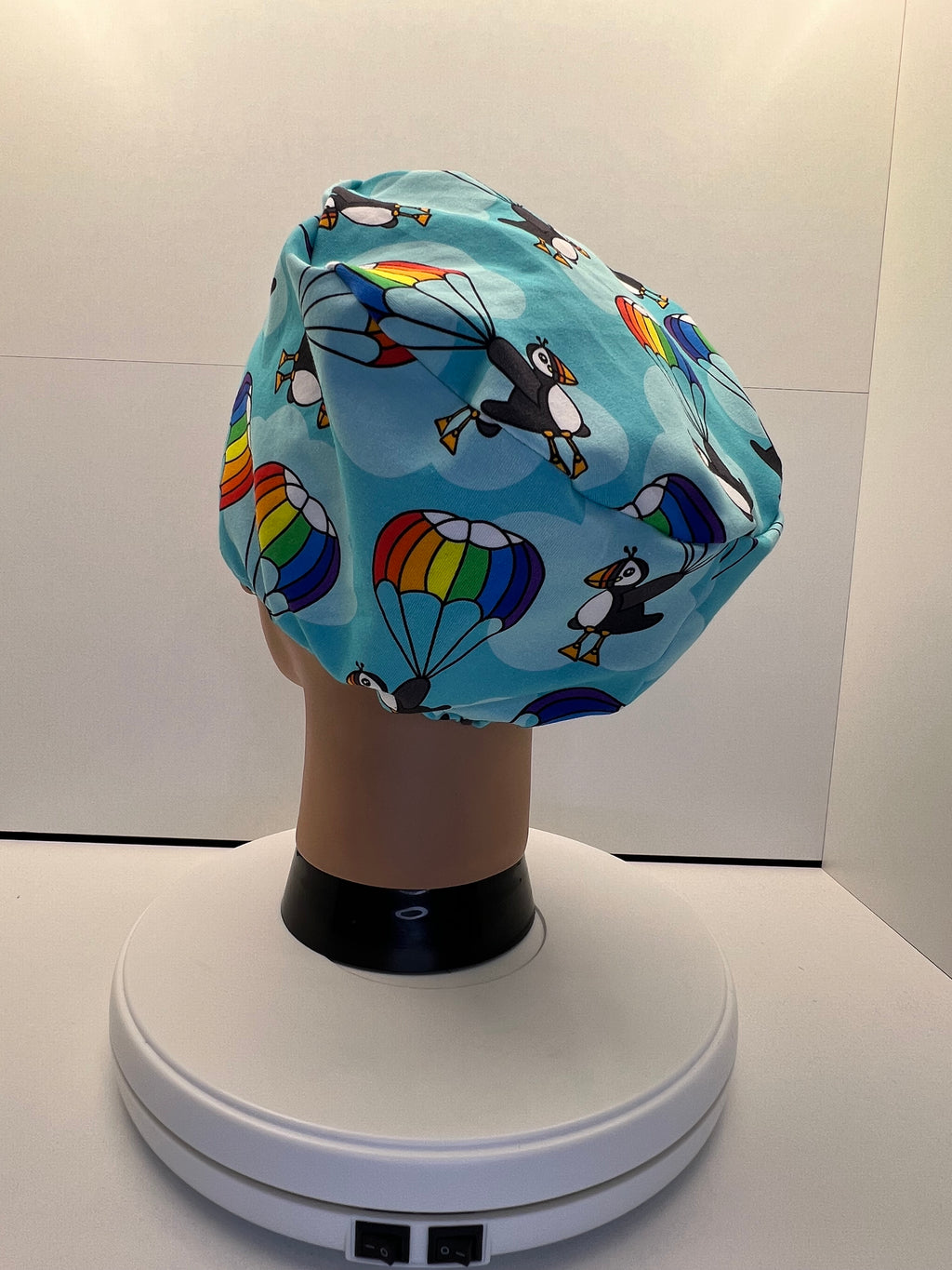 Parachuting Puffins Stretch Jersey Theatre Hat.  Standard & Large Size