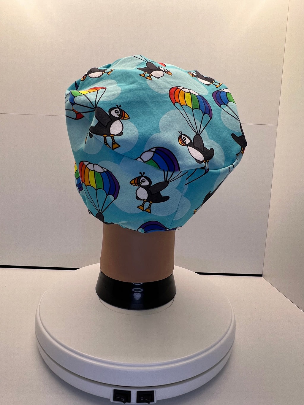 Parachuting Puffins Stretch Jersey Theatre Hat.  Standard & Large Size