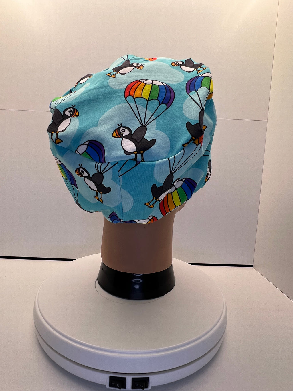 Parachuting Puffins Stretch Jersey Theatre Hat.  Standard & Large Size