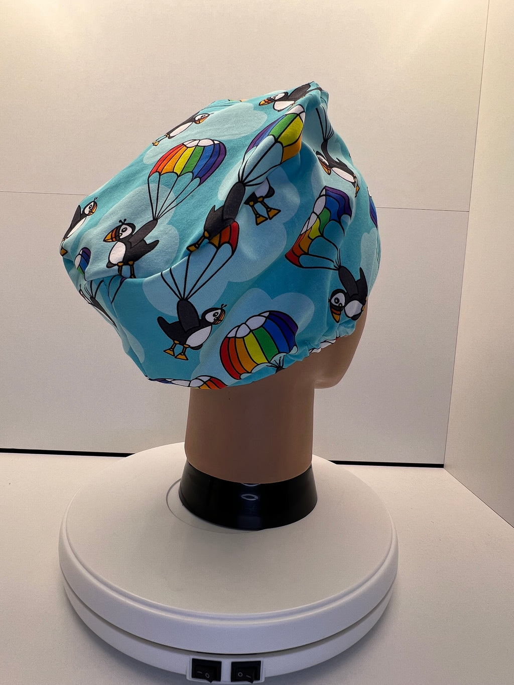 Parachuting Puffins Stretch Jersey Theatre Hat.  Standard & Large Size