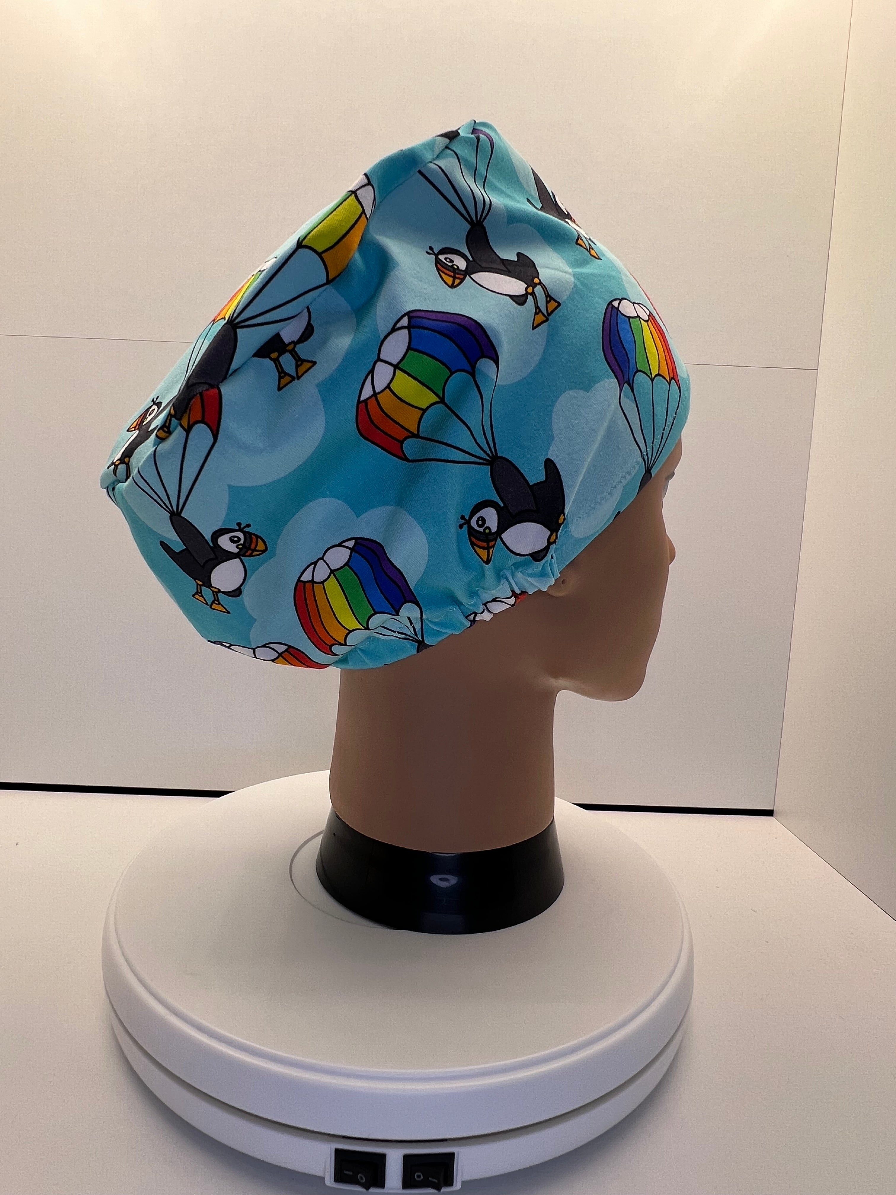 Parachuting Puffins Stretch Jersey Theatre Hat.  Standard & Large Size