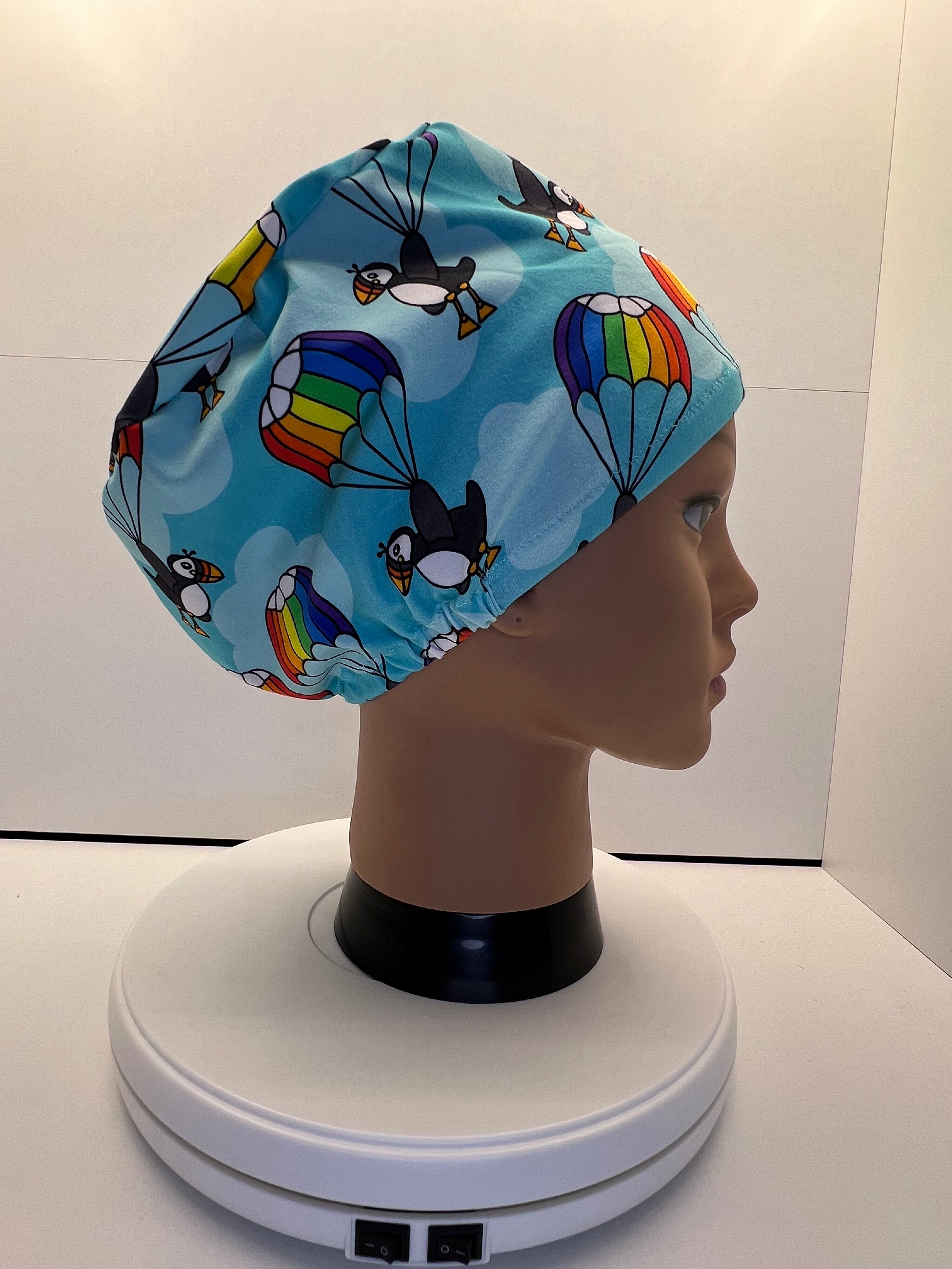 Parachuting Puffins Stretch Jersey Theatre Hat.  Standard & Large Size