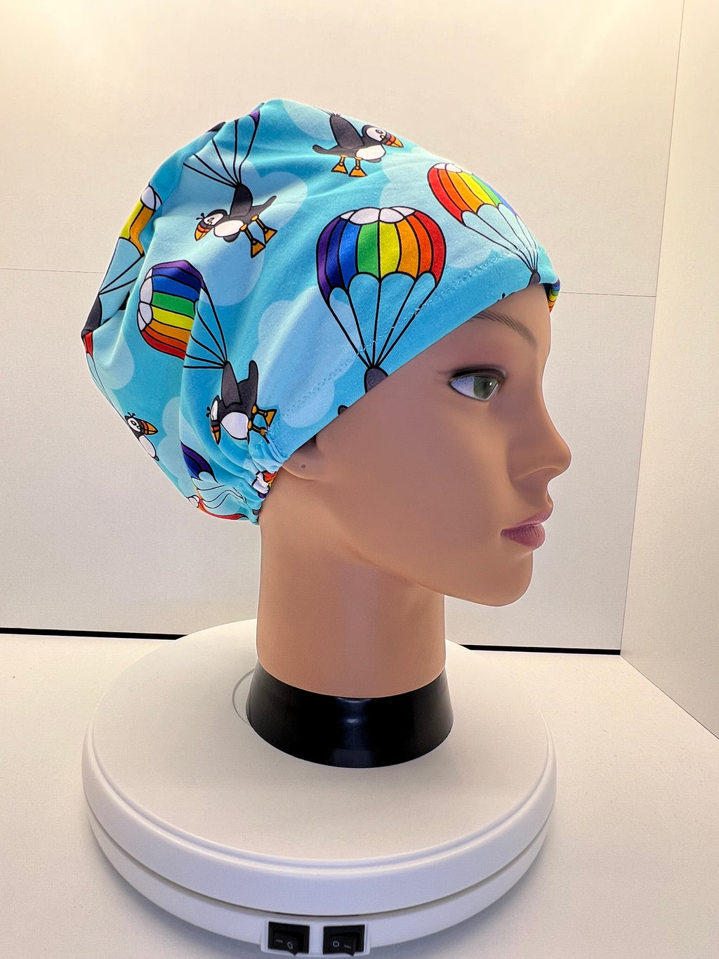 Parachuting Puffins Stretch Jersey Theatre Hat.  Standard & Large Size