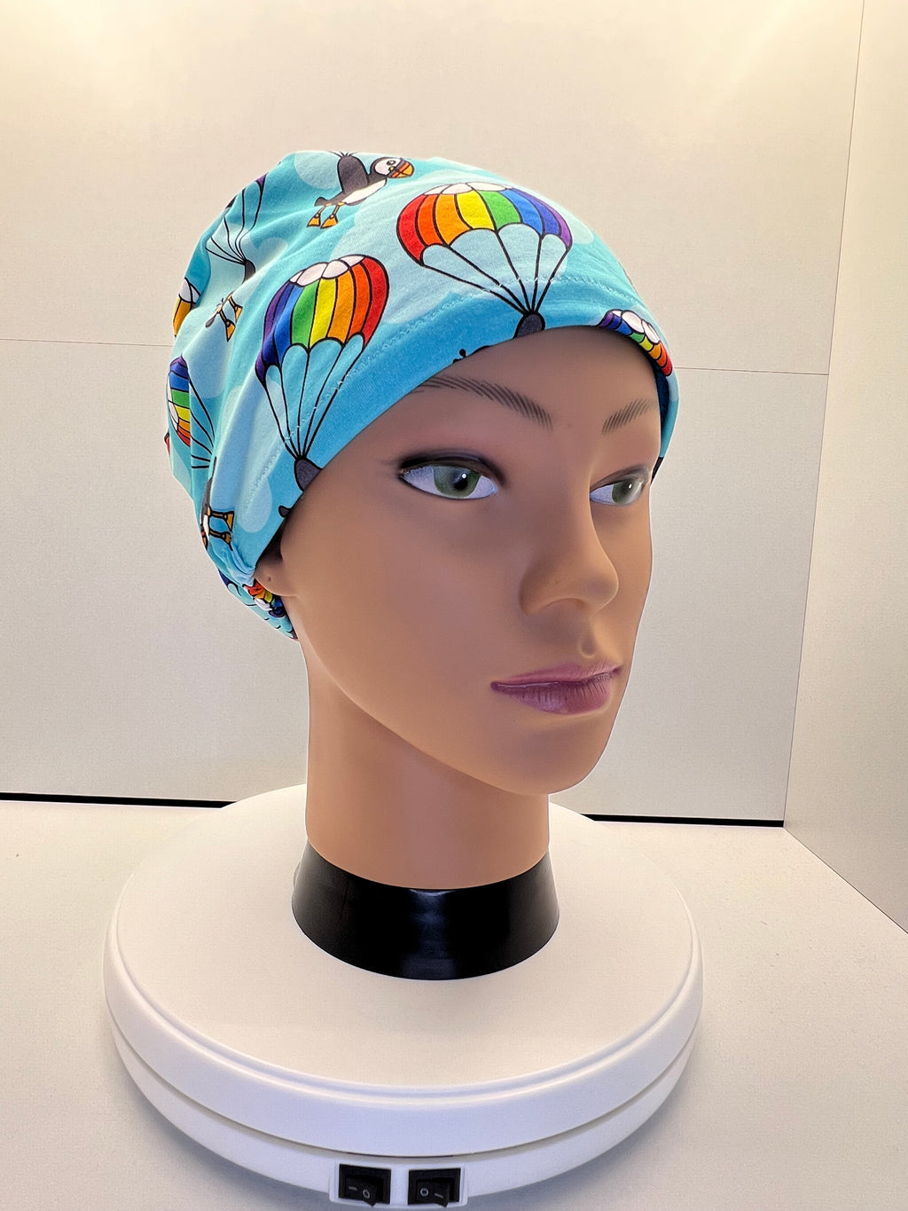 Parachuting Puffins Stretch Jersey Theatre Hat.  Standard & Large Size