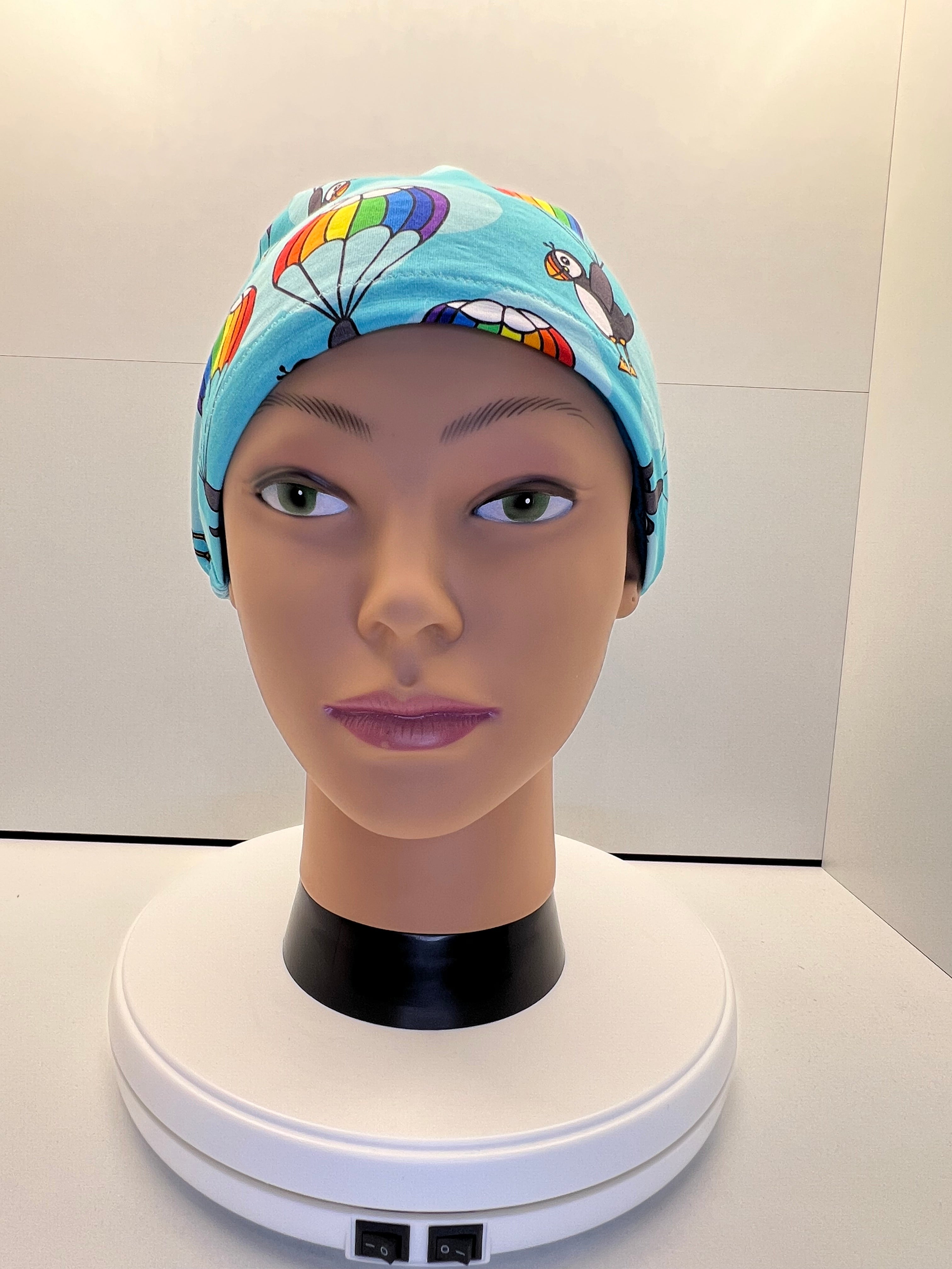 Parachuting Puffins Stretch Jersey Theatre Hat.  Standard & Large Size