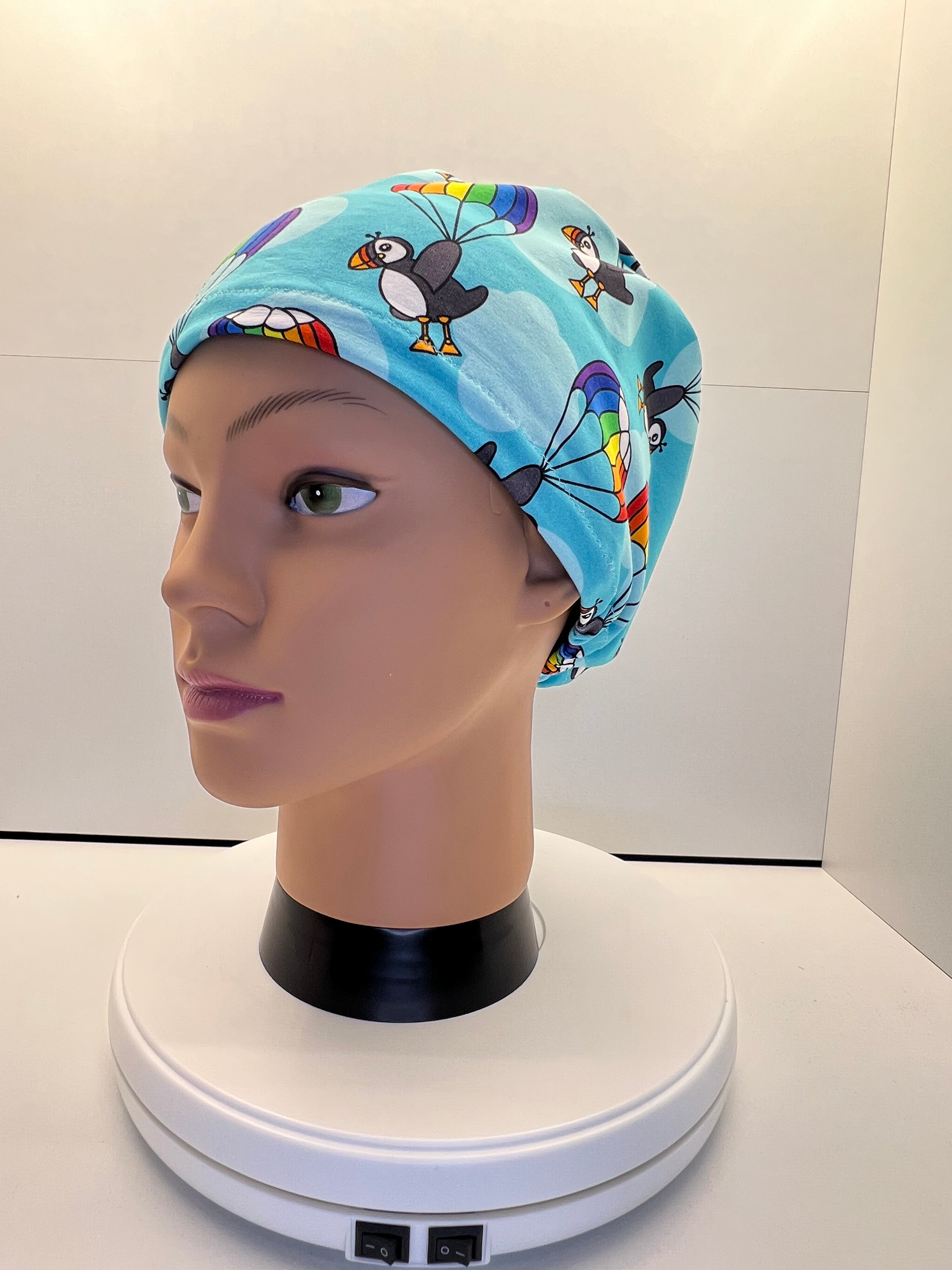 Parachuting Puffins Stretch Jersey Theatre Hat.  Standard & Large Size