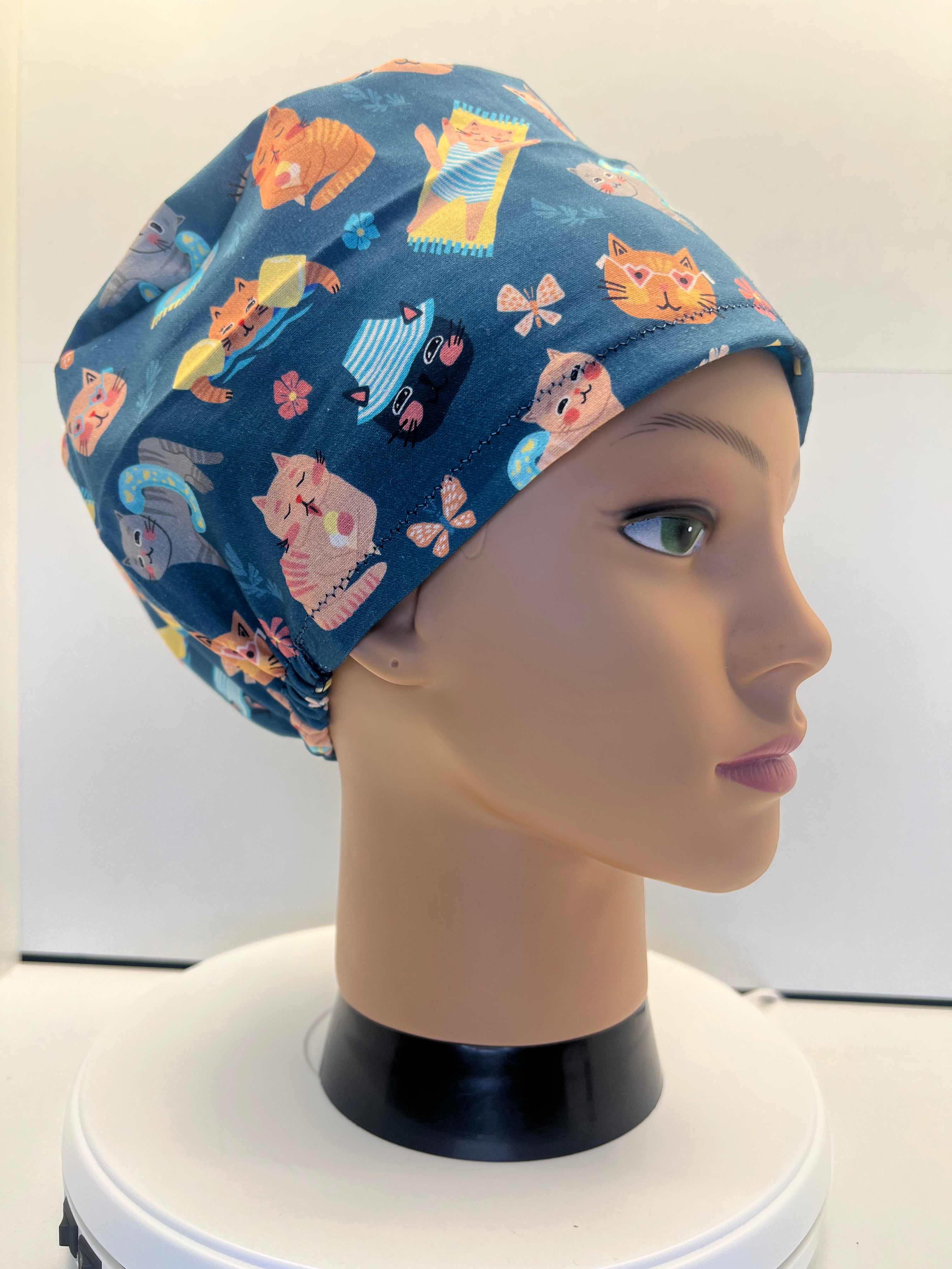 Poolside Paws Cats Cotton Theatre Scrub Hat/Cap.  UK Handmade