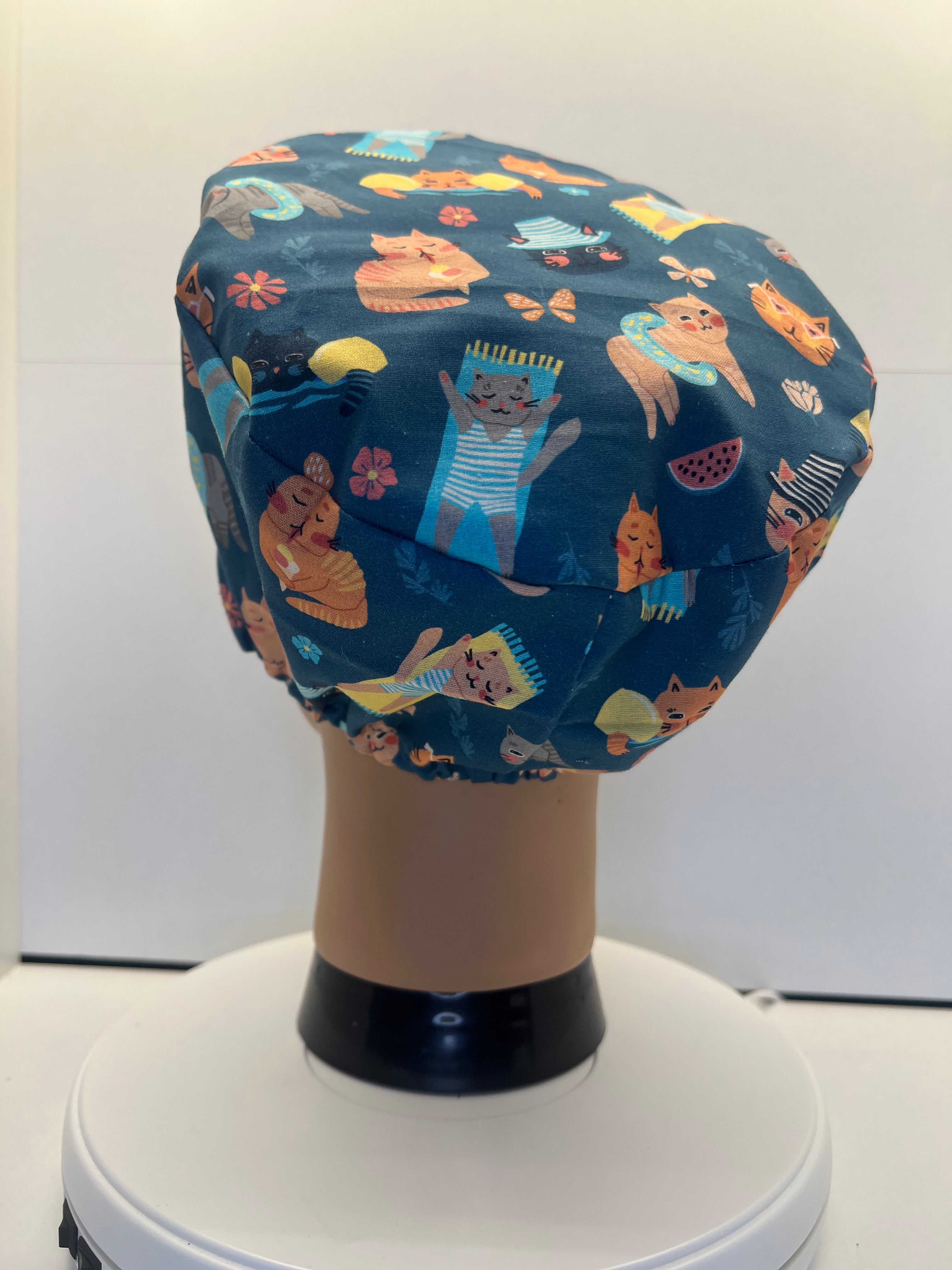 Poolside Paws Cats Cotton Theatre Scrub Hat/Cap.  UK Handmade