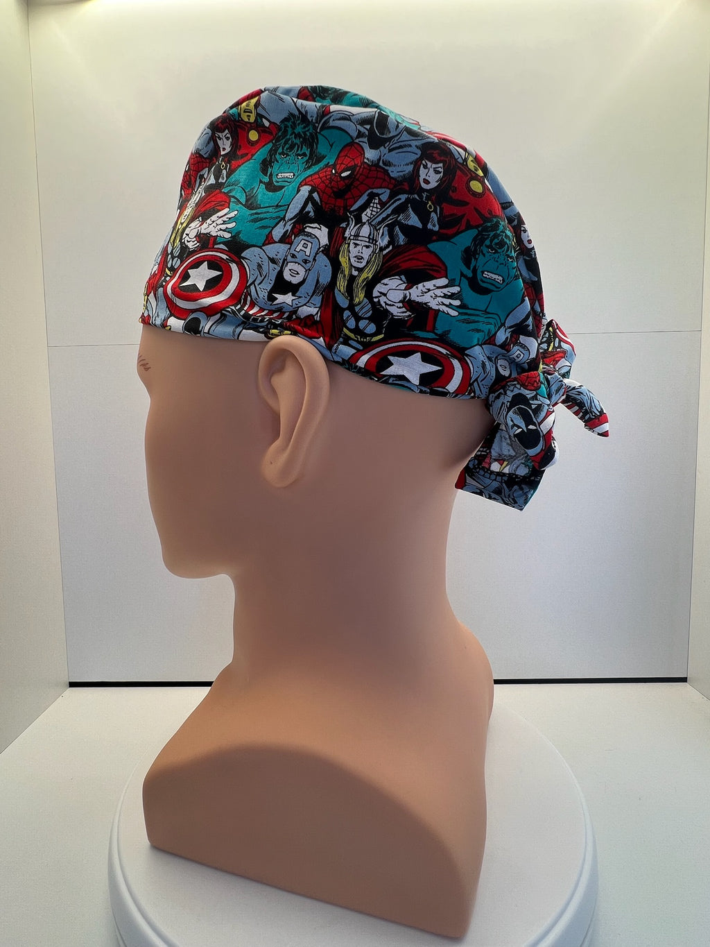 Heroes Assemble 100% Cotton Tie-Back Surgical/Theatre Scrub Hat/Cap. UK Handmade