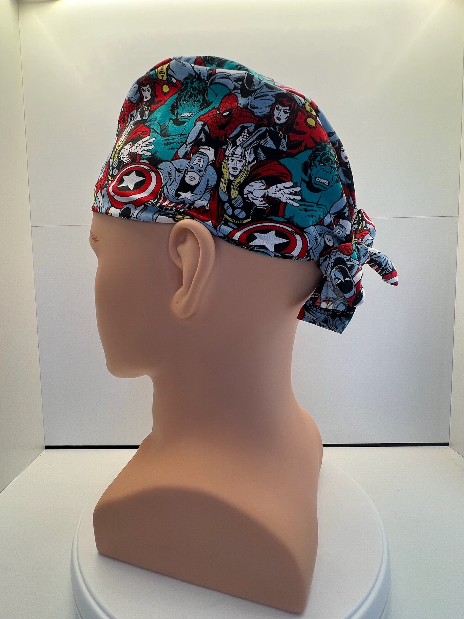 Heroes Assemble 100% Cotton Tie-Back Surgical/Theatre Scrub Hat/Cap. UK Handmade