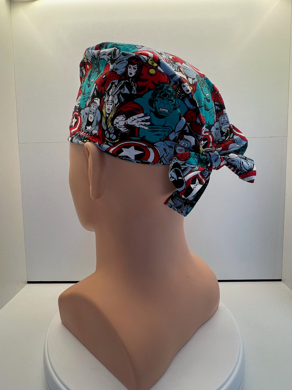 Heroes Assemble 100% Cotton Tie-Back Surgical/Theatre Scrub Hat/Cap. UK Handmade