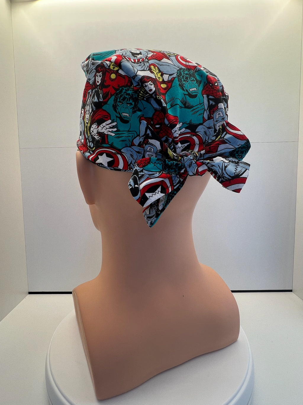 Heroes Assemble 100% Cotton Tie-Back Surgical/Theatre Scrub Hat/Cap. UK Handmade