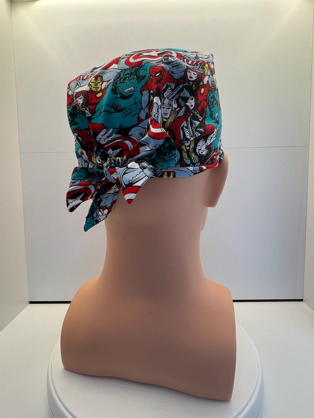 Heroes Assemble 100% Cotton Tie-Back Surgical/Theatre Scrub Hat/Cap. UK Handmade