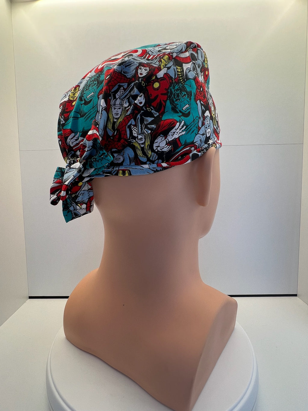 Heroes Assemble 100% Cotton Tie-Back Surgical/Theatre Scrub Hat/Cap. UK Handmade