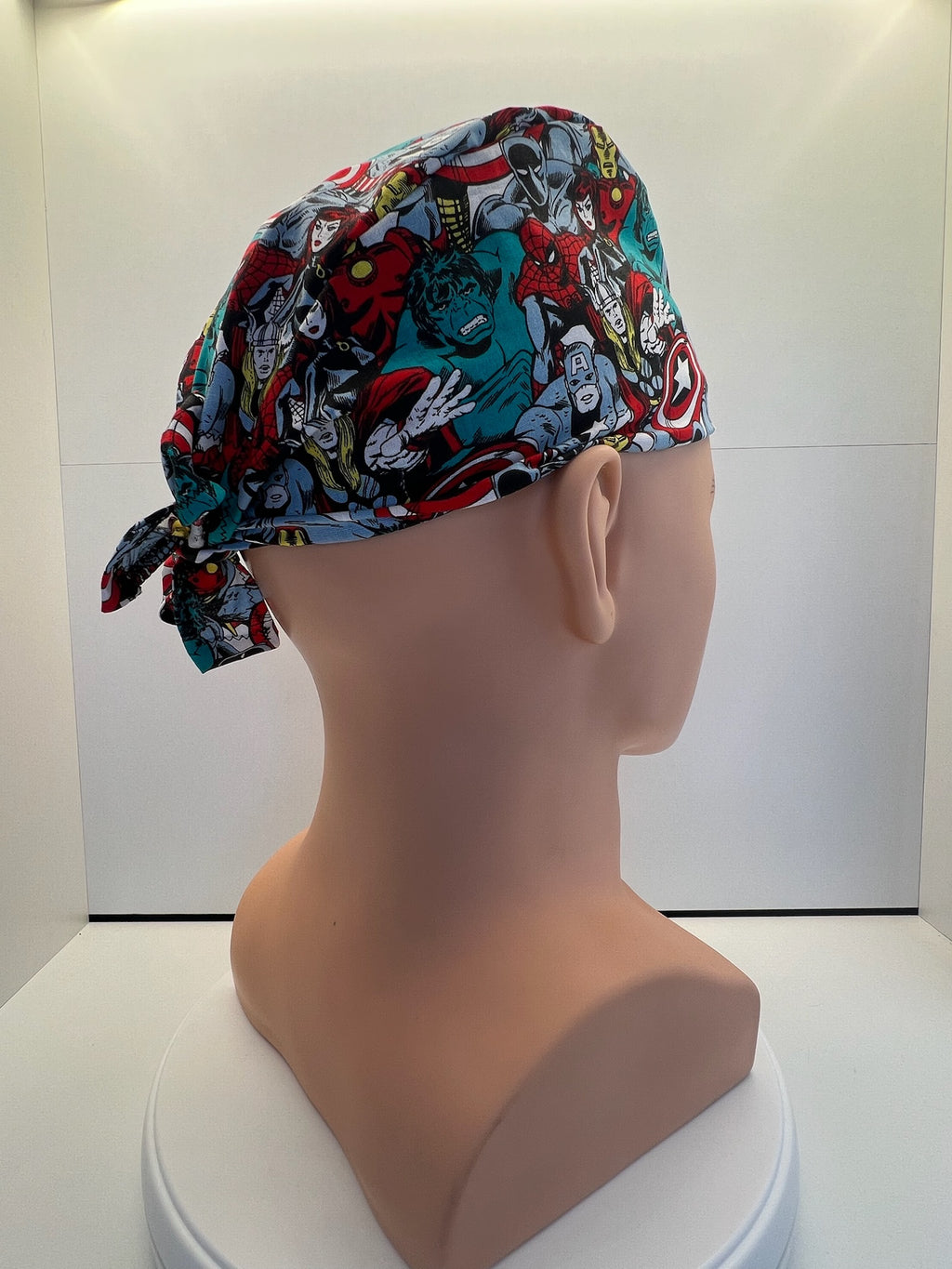 Heroes Assemble 100% Cotton Tie-Back Surgical/Theatre Scrub Hat/Cap. UK Handmade