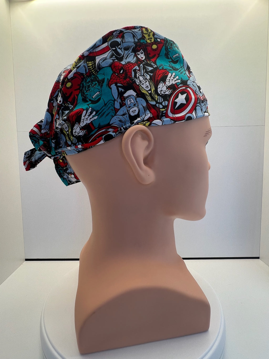 Heroes Assemble 100% Cotton Tie-Back Surgical/Theatre Scrub Hat/Cap. UK Handmade