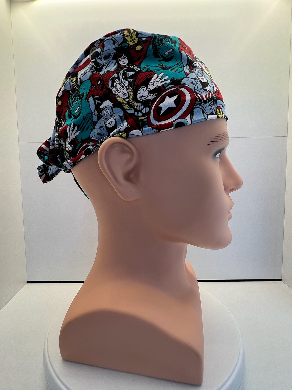 Heroes Assemble 100% Cotton Tie-Back Surgical/Theatre Scrub Hat/Cap. UK Handmade