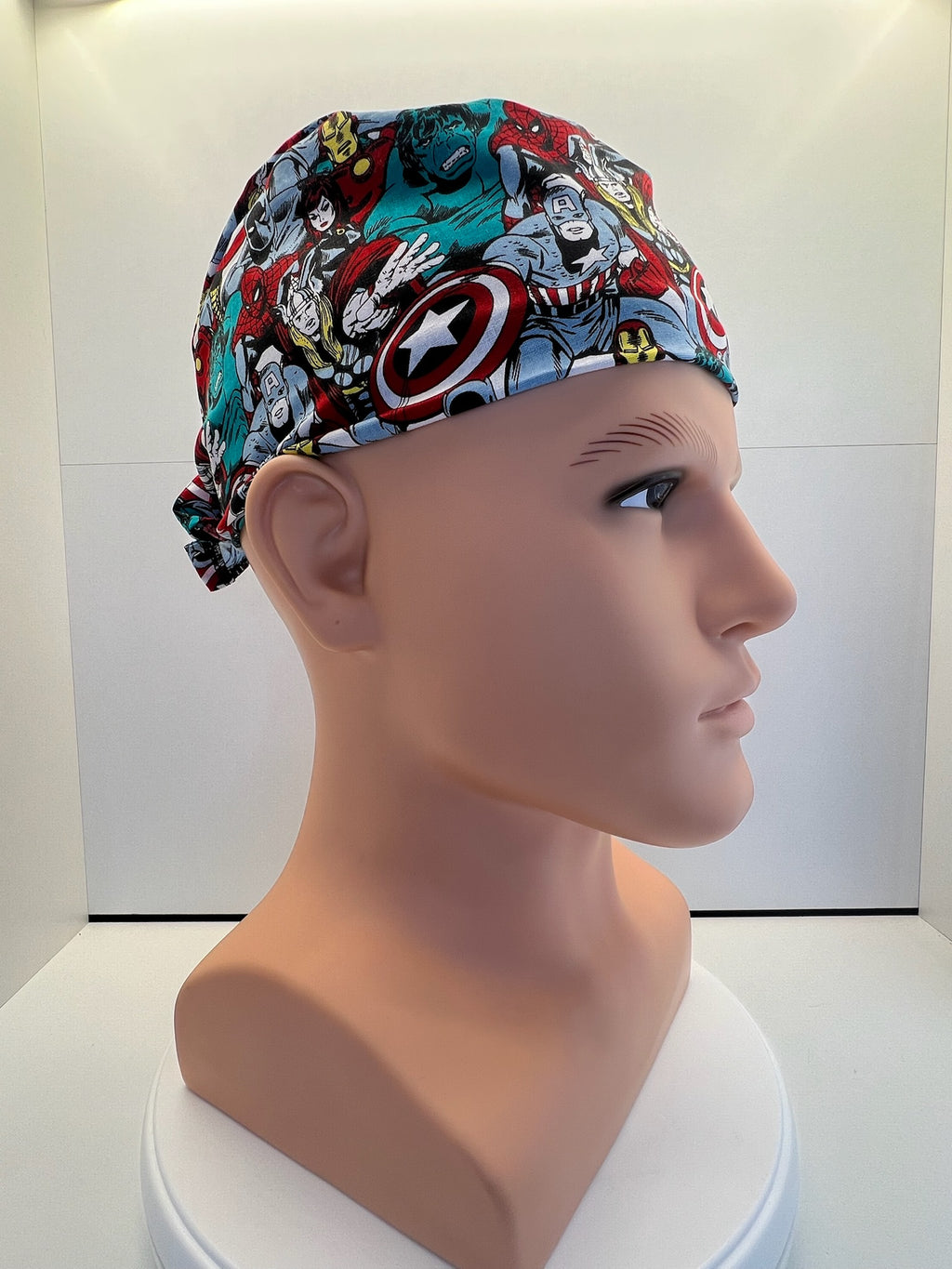 Heroes Assemble 100% Cotton Tie-Back Surgical/Theatre Scrub Hat/Cap. UK Handmade