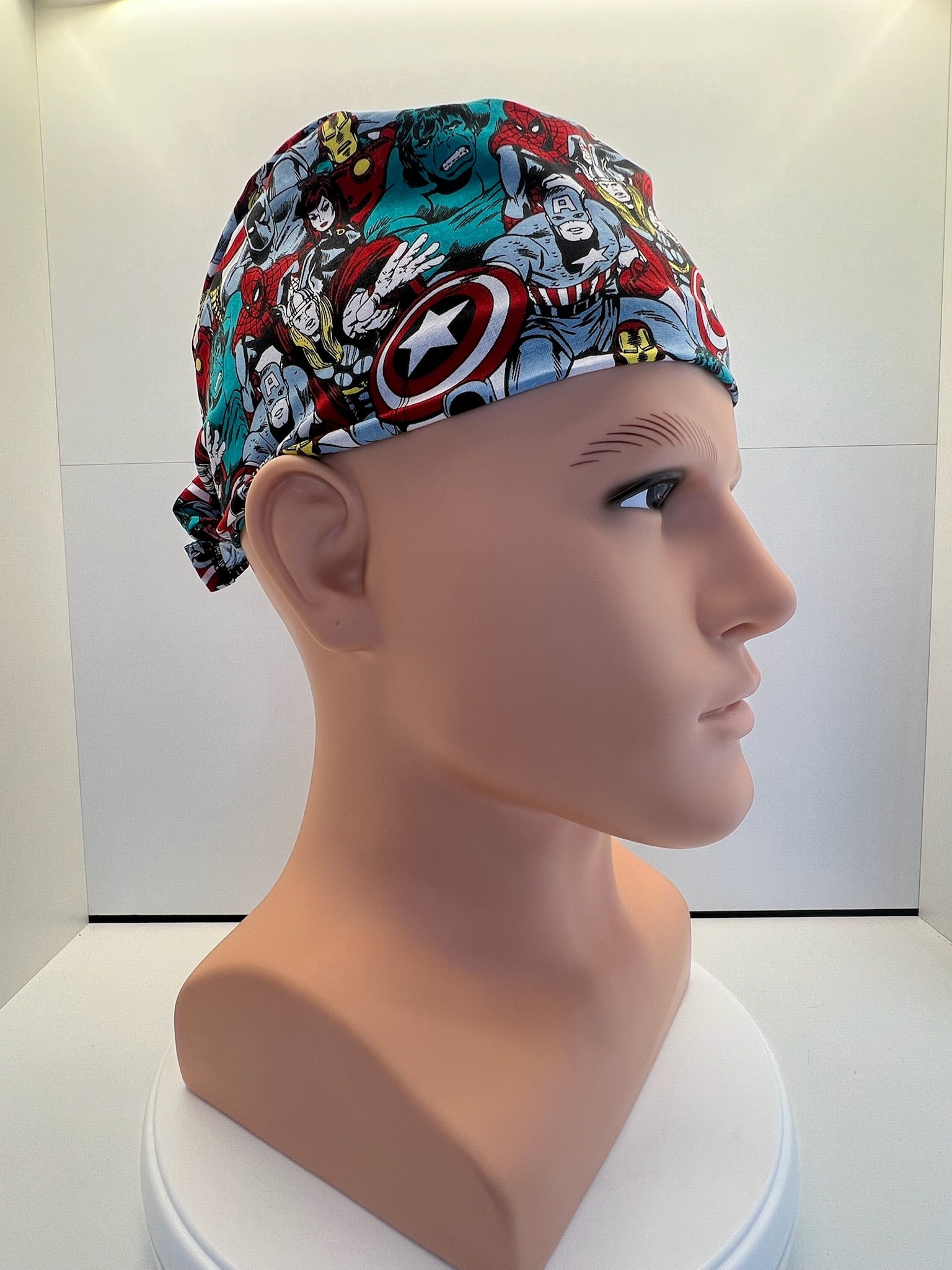 Heroes Assemble 100% Cotton Tie-Back Surgical/Theatre Scrub Hat/Cap. UK Handmade