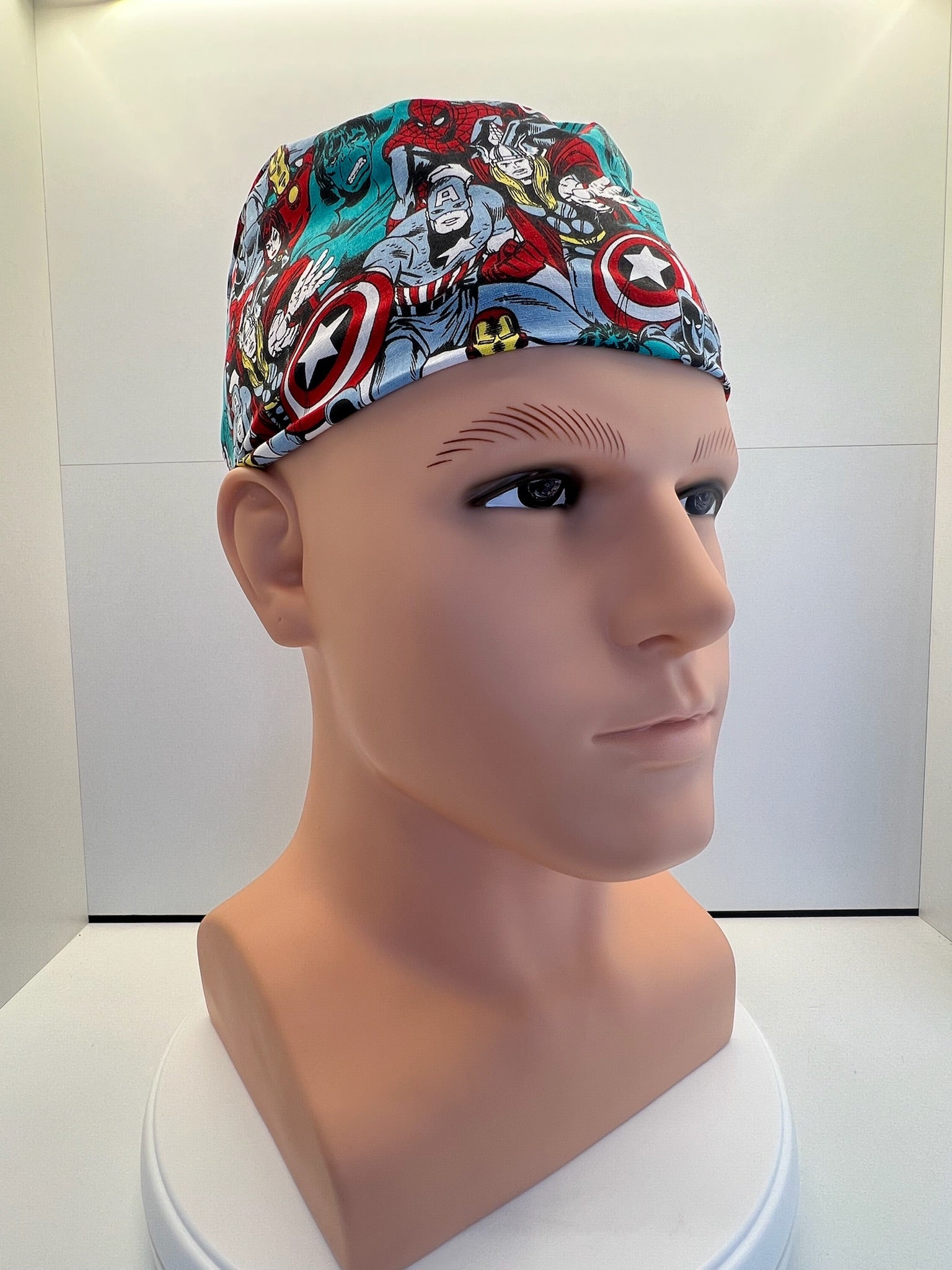 Heroes Assemble 100% Cotton Tie-Back Surgical/Theatre Scrub Hat/Cap. UK Handmade