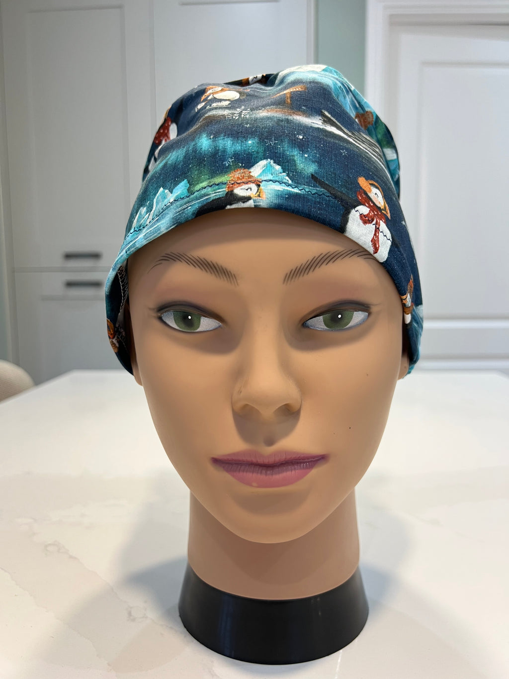 Puffins on Ice Jersey Cotton theatre scrub hat/cap. Winter/ Christmas/ Xmas/ Northern Lights  themed.